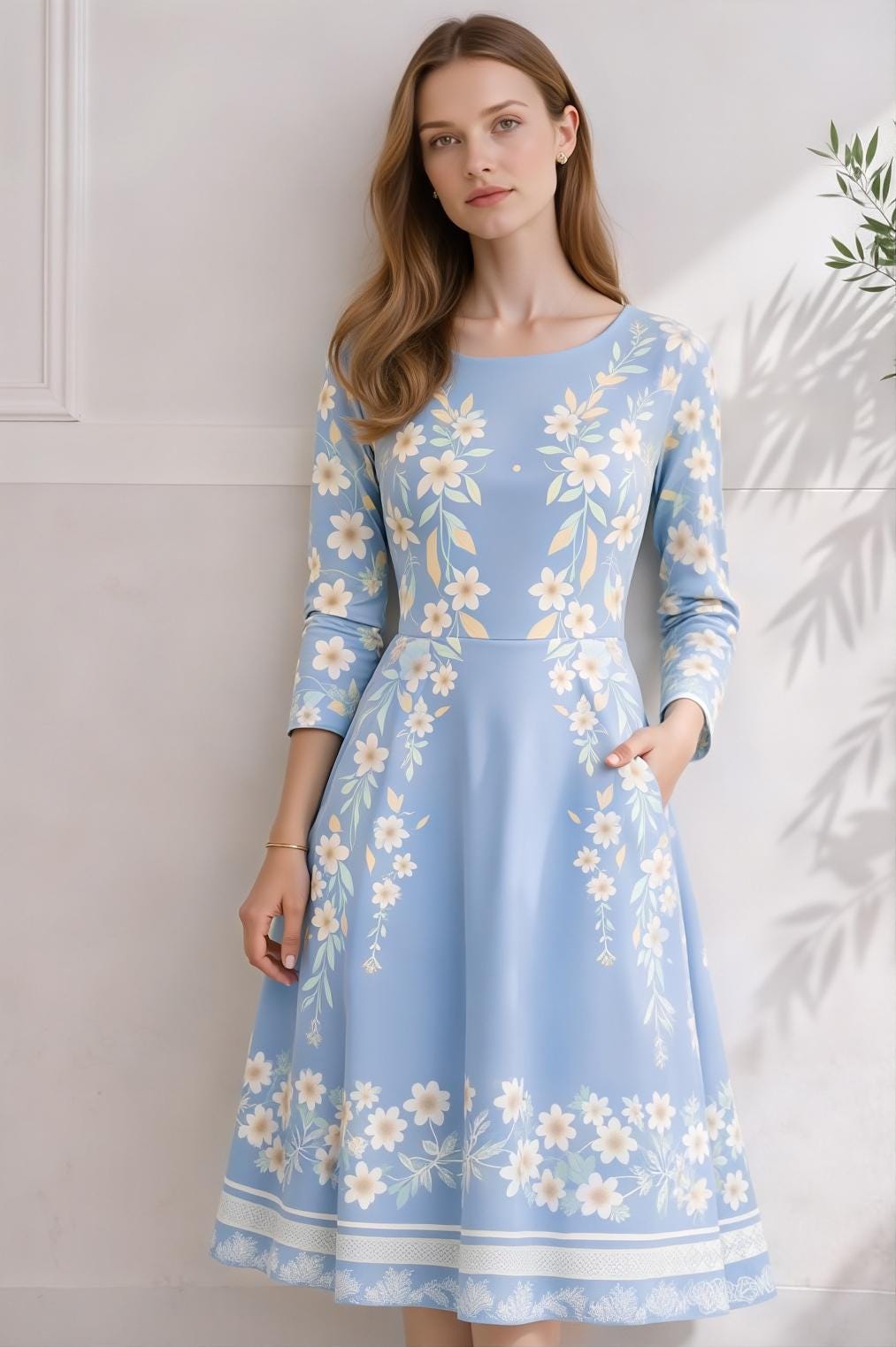 Blue Floral Midi Dress, Vintage Botanical Print, A-Line Silhouette, Long Sleeve, Pockets __etsy:7883896645