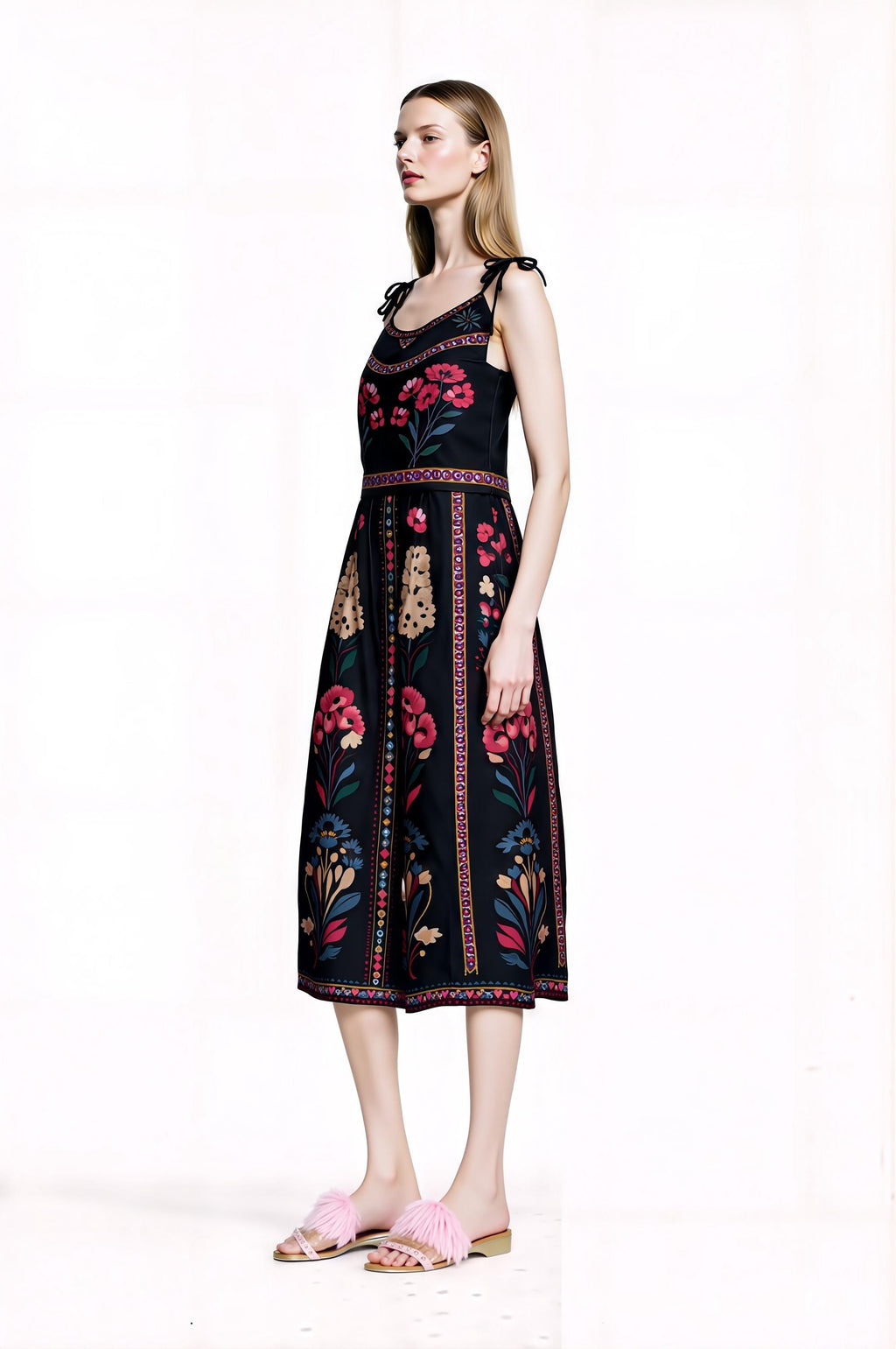 Black Floral Midi Dress, Romantic Folk Print Sleeveless Bohemian Style __etsy:7895276464