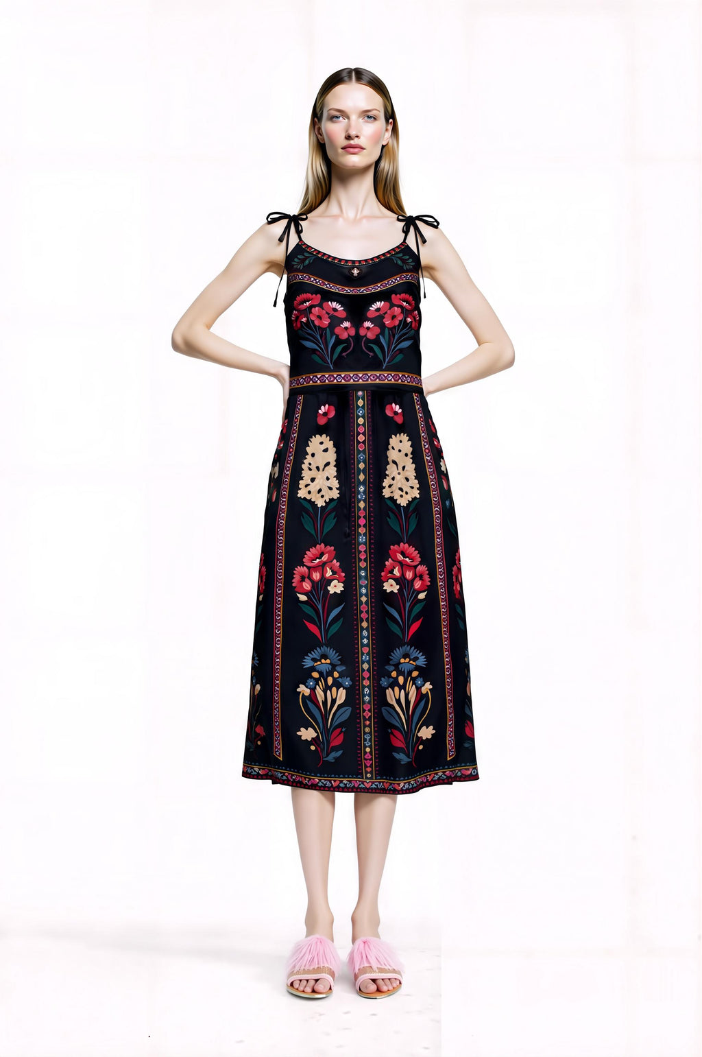 Black Floral Midi Dress, Romantic Folk Print Sleeveless Bohemian Style __etsy:7895276468