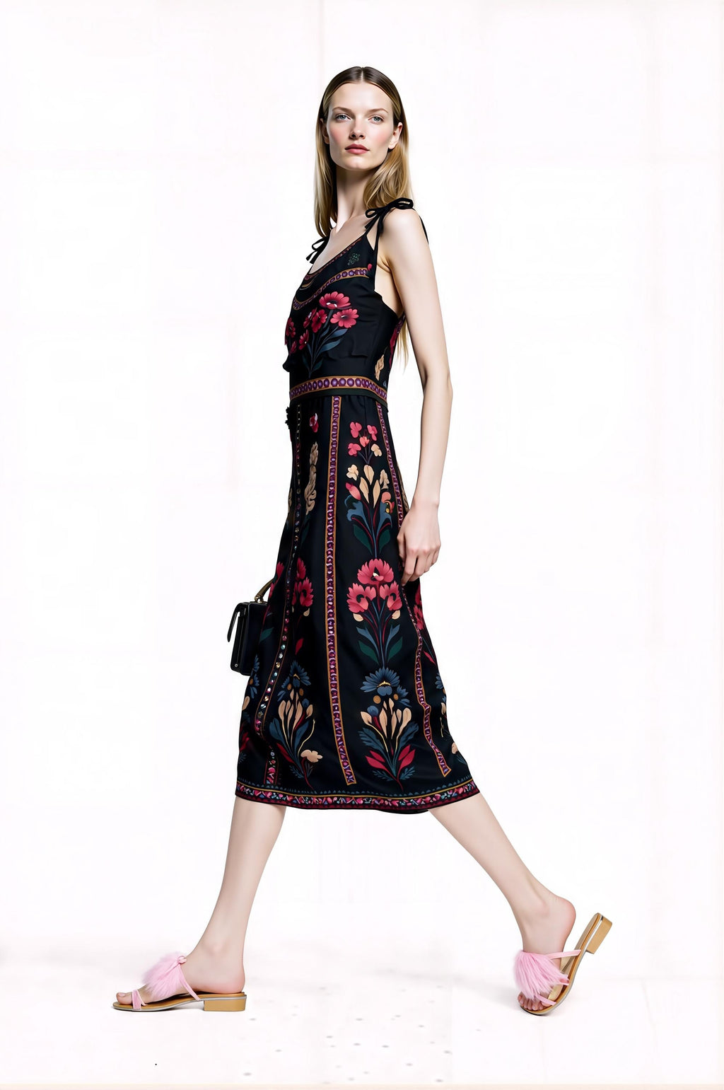 Black Floral Midi Dress, Romantic Folk Print Sleeveless Bohemian Style __etsy:7895276632