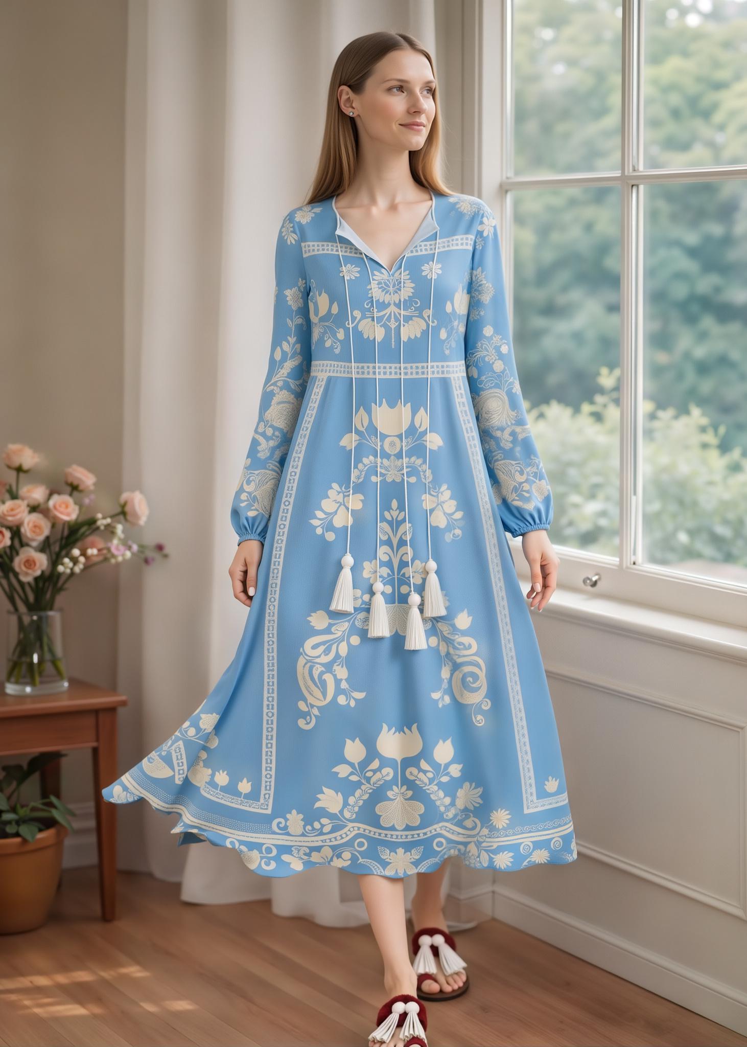 Blue Floral Midi Dress, Vintage Inspired, Long Sleeve Tassel, Boho A-Line Cottagecore __etsy:7895521675