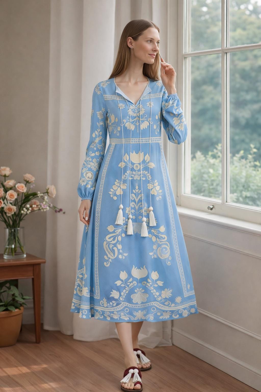 Blue Floral Midi Dress, Vintage Inspired, Long Sleeve Tassel, Boho A-Line Cottagecore __etsy:7895523617