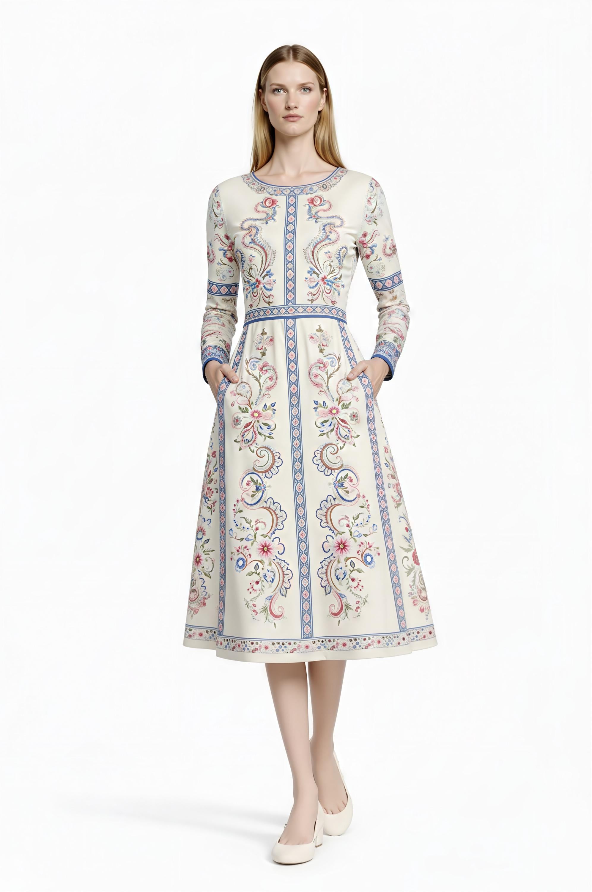 Ivory Floral Midi Dress, Long Sleeve Vintage Inspired Tea Dress __etsy:7895575180
