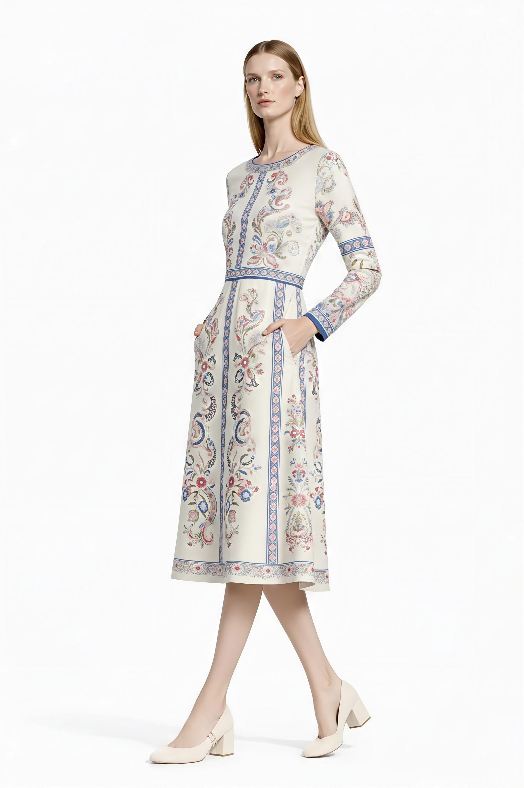 Ivory Floral Midi Dress, Long Sleeve Vintage Inspired Tea Dress __etsy:7895575182