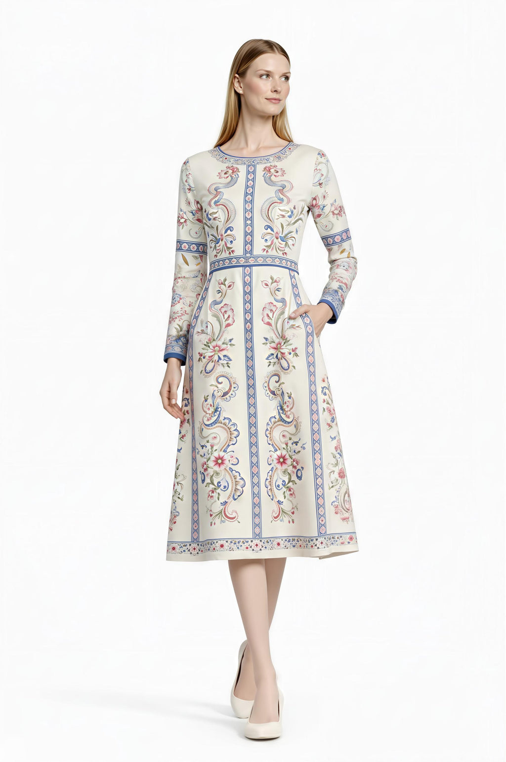 Ivory Floral Midi Dress, Long Sleeve Vintage Inspired Tea Dress __etsy:7895575186