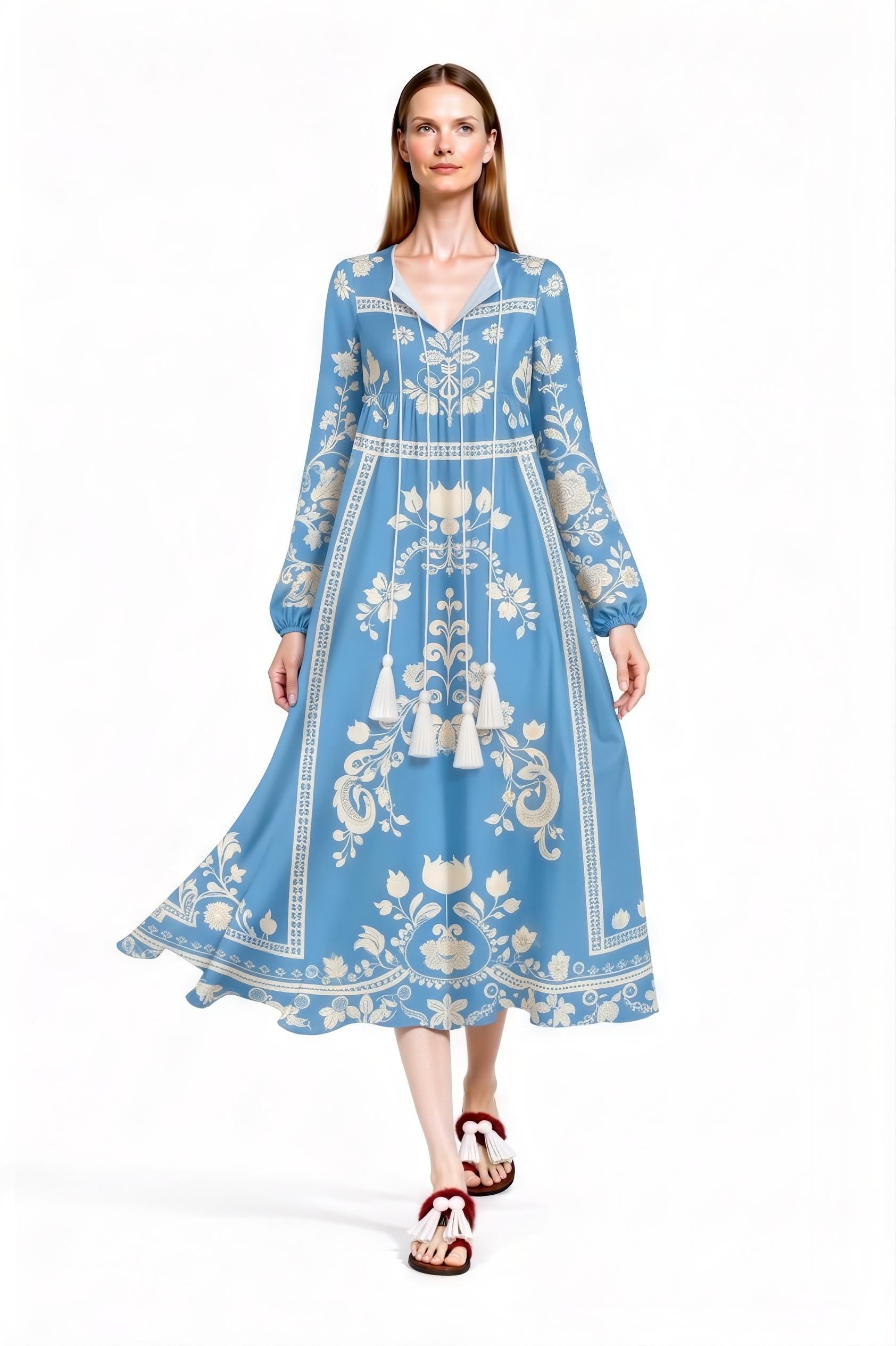 Blue Floral Midi Dress, Vintage Inspired, Long Sleeve Tassel, Boho A-Line Cottagecore __etsy:7895587905