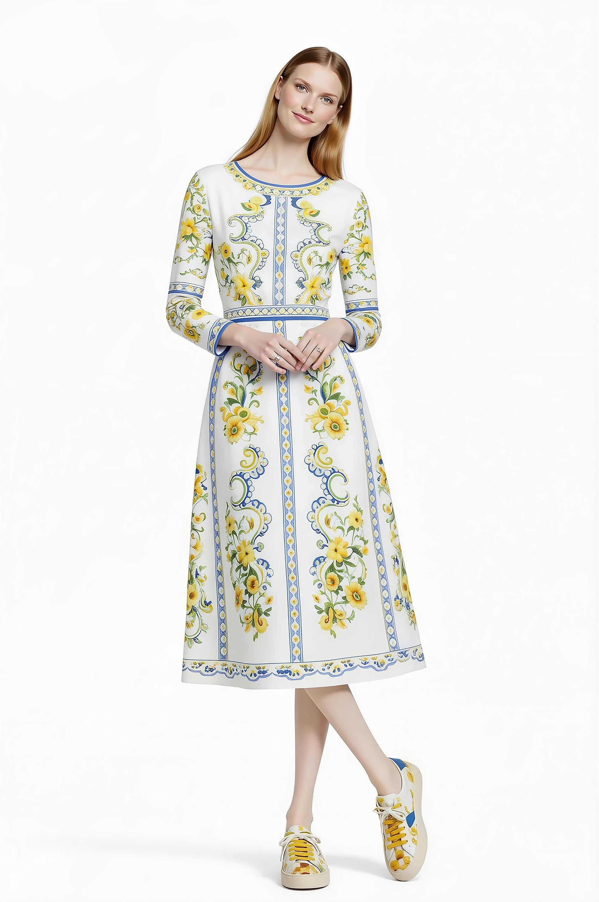Floral Midi Dress, Long Sleeve, Romantic Folk Print, Boutique Style __etsy:7895748398