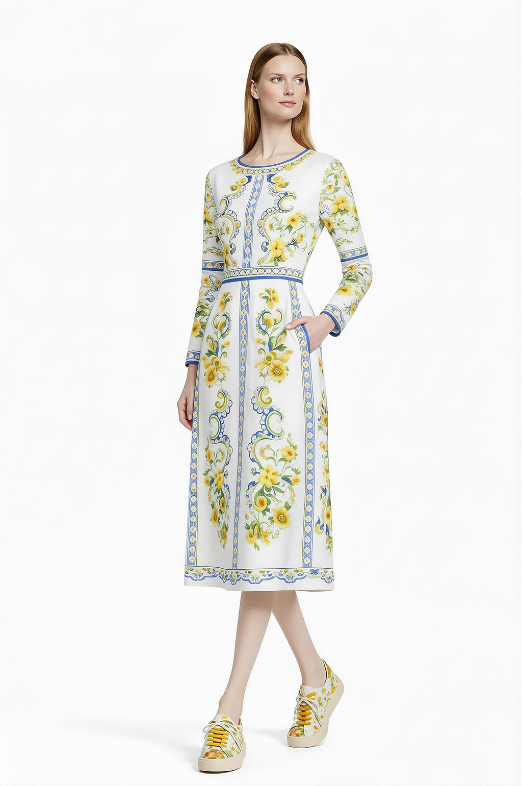 Floral Midi Dress, Long Sleeve, Romantic Folk Print, Boutique Style __etsy:7895748400