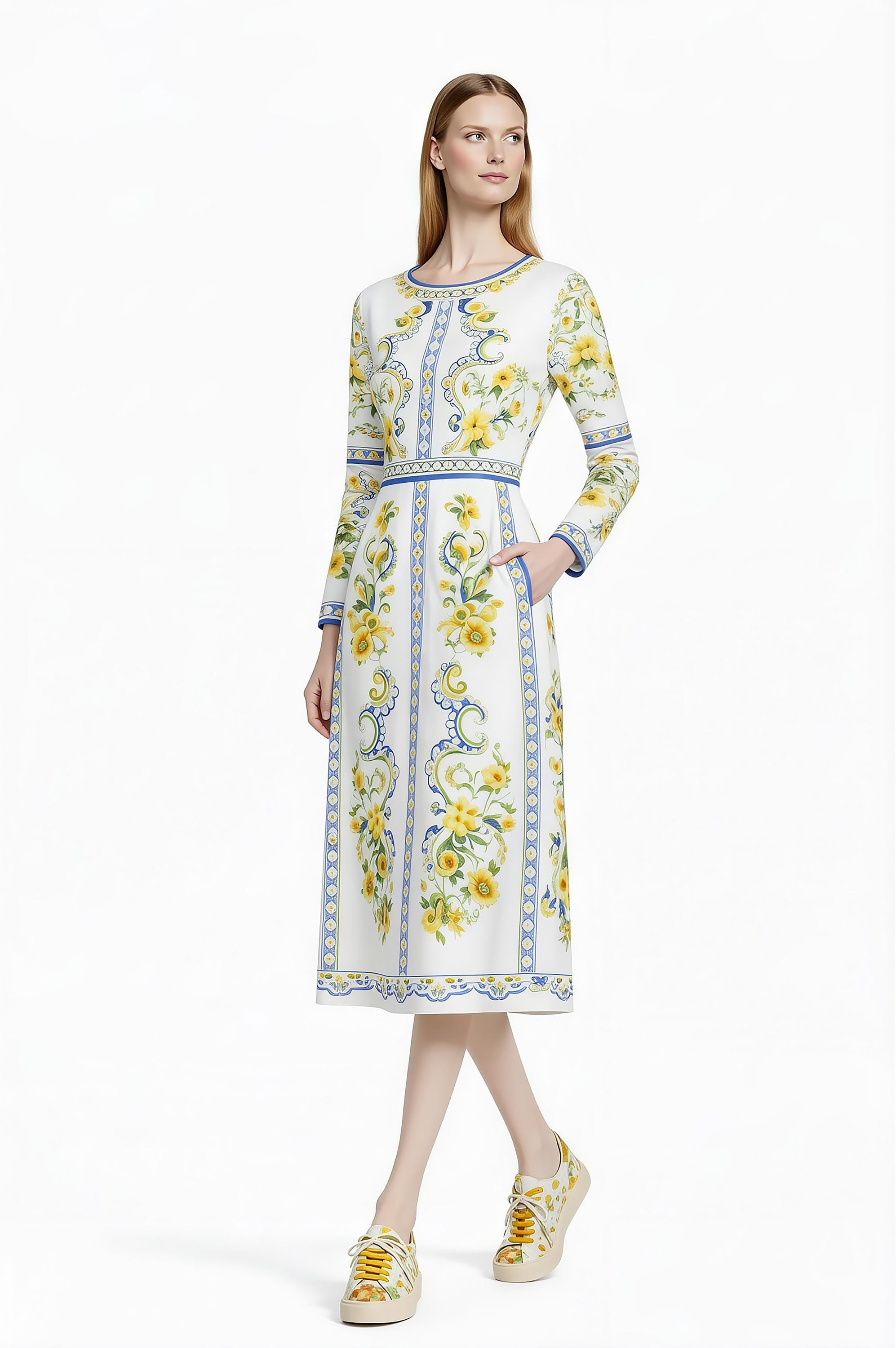 Floral Midi Dress, Long Sleeve, Romantic Folk Print, Boutique Style __etsy:7895748400
