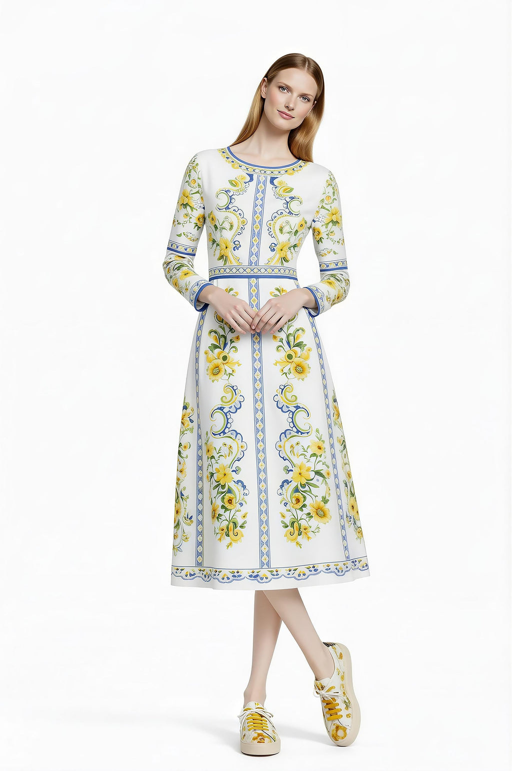 Floral Midi Dress, Long Sleeve, Romantic Folk Print, Boutique Style __etsy:7895748404