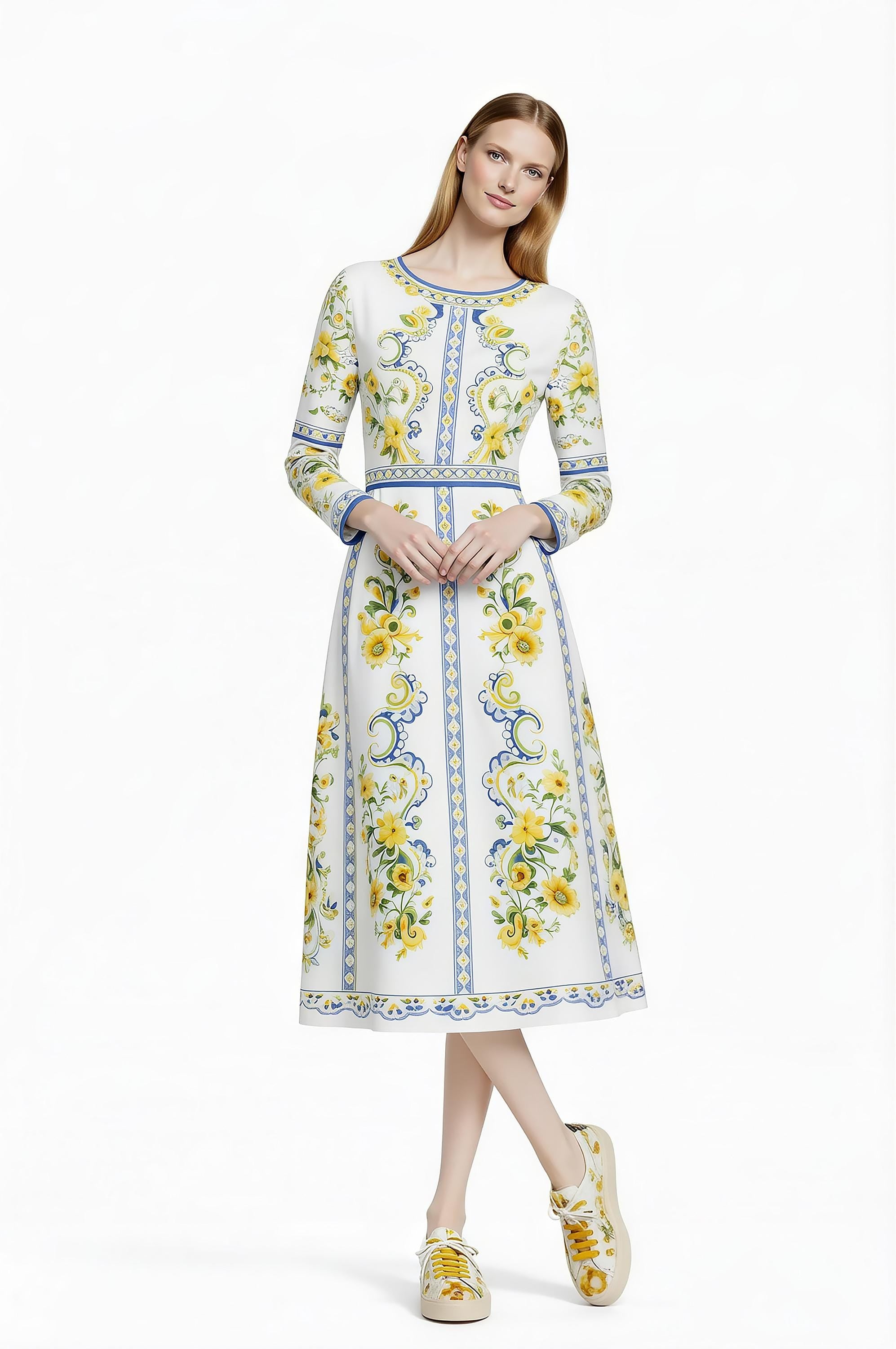 Floral Midi Dress, Long Sleeve, Romantic Folk Print, Boutique Style __etsy:7895748404