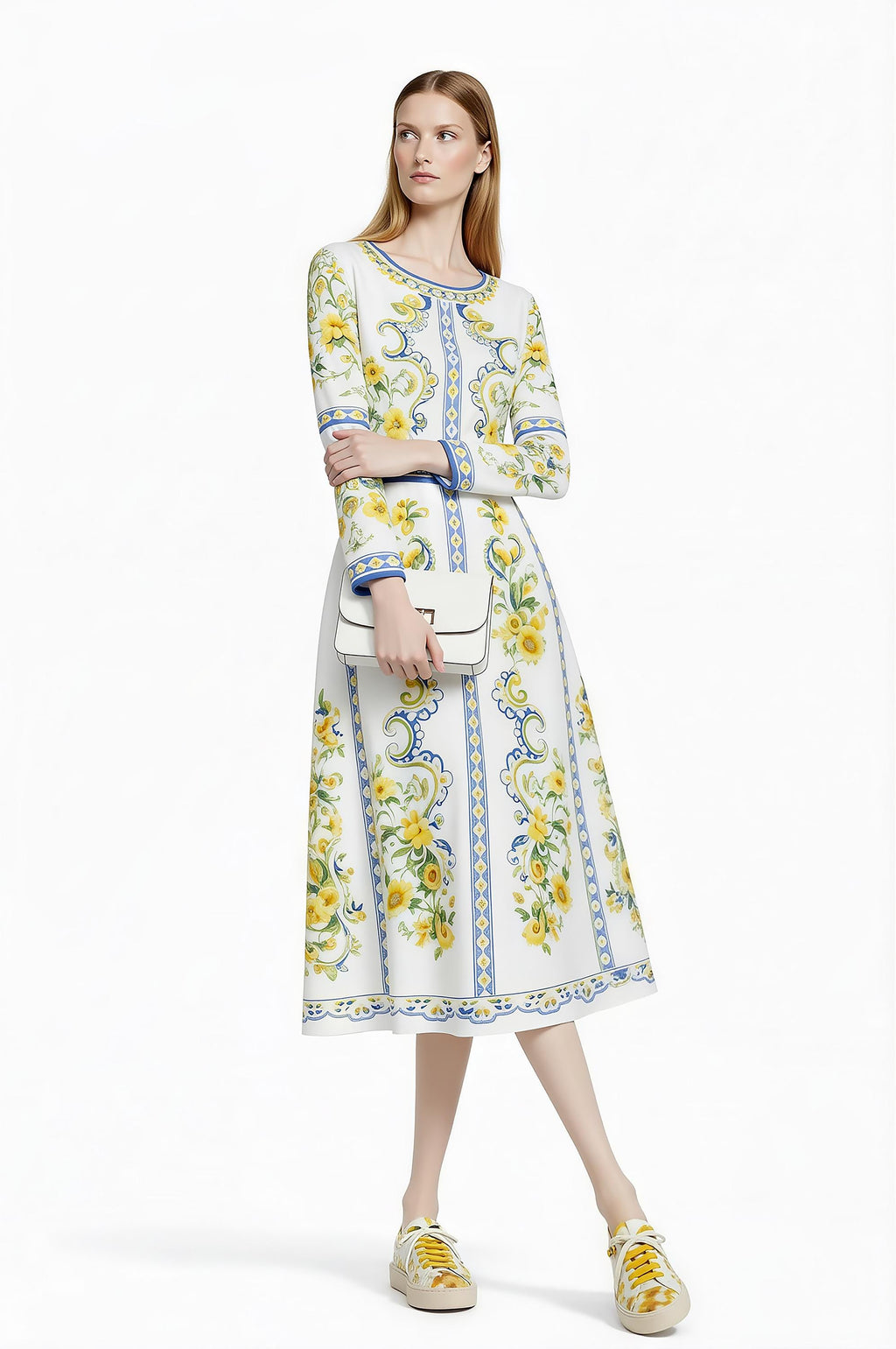 Floral Midi Dress, Long Sleeve, Romantic Folk Print, Boutique Style __etsy:7895748512