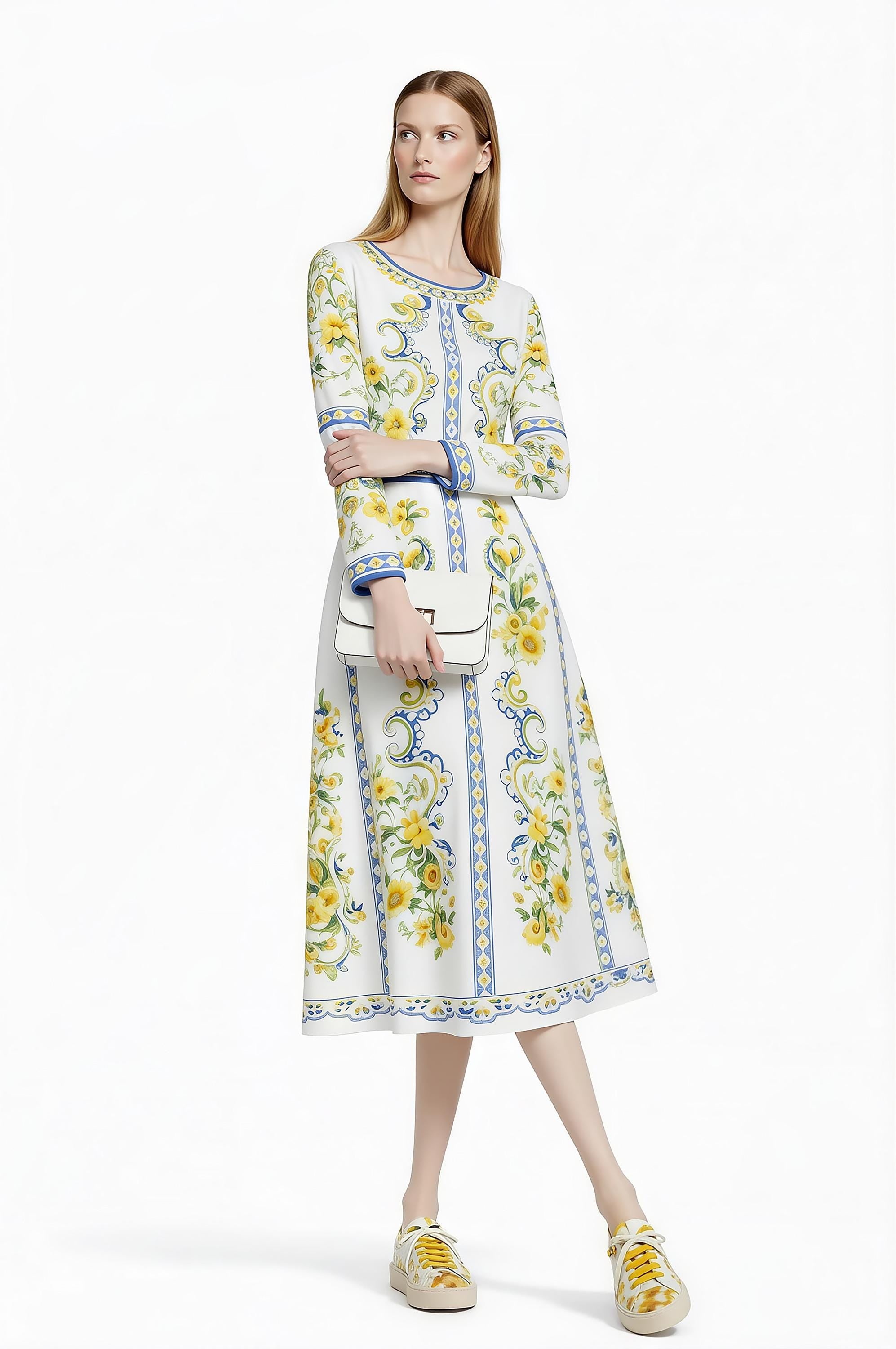 Floral Midi Dress, Long Sleeve, Romantic Folk Print, Boutique Style __etsy:7895748512