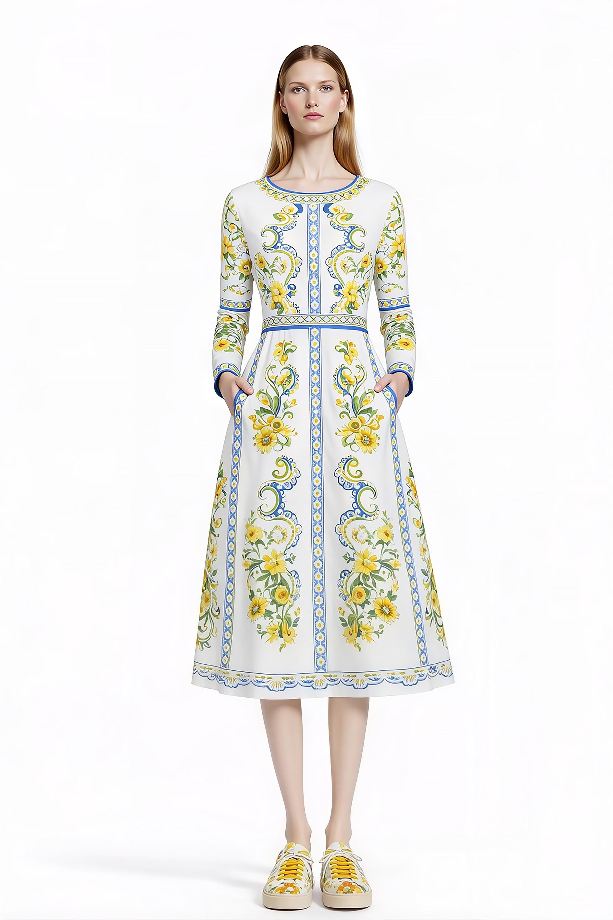 Floral Midi Dress, Long Sleeve, Romantic Folk Print, Boutique Style __etsy:7895748520
