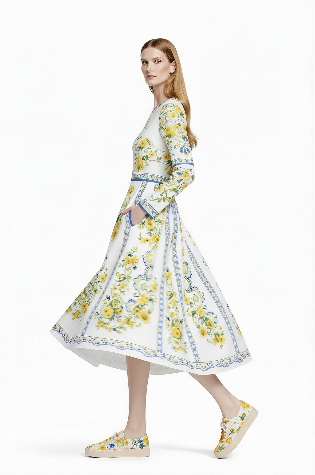 Floral Midi Dress, Long Sleeve, Romantic Folk Print, Boutique Style __etsy:7895748530