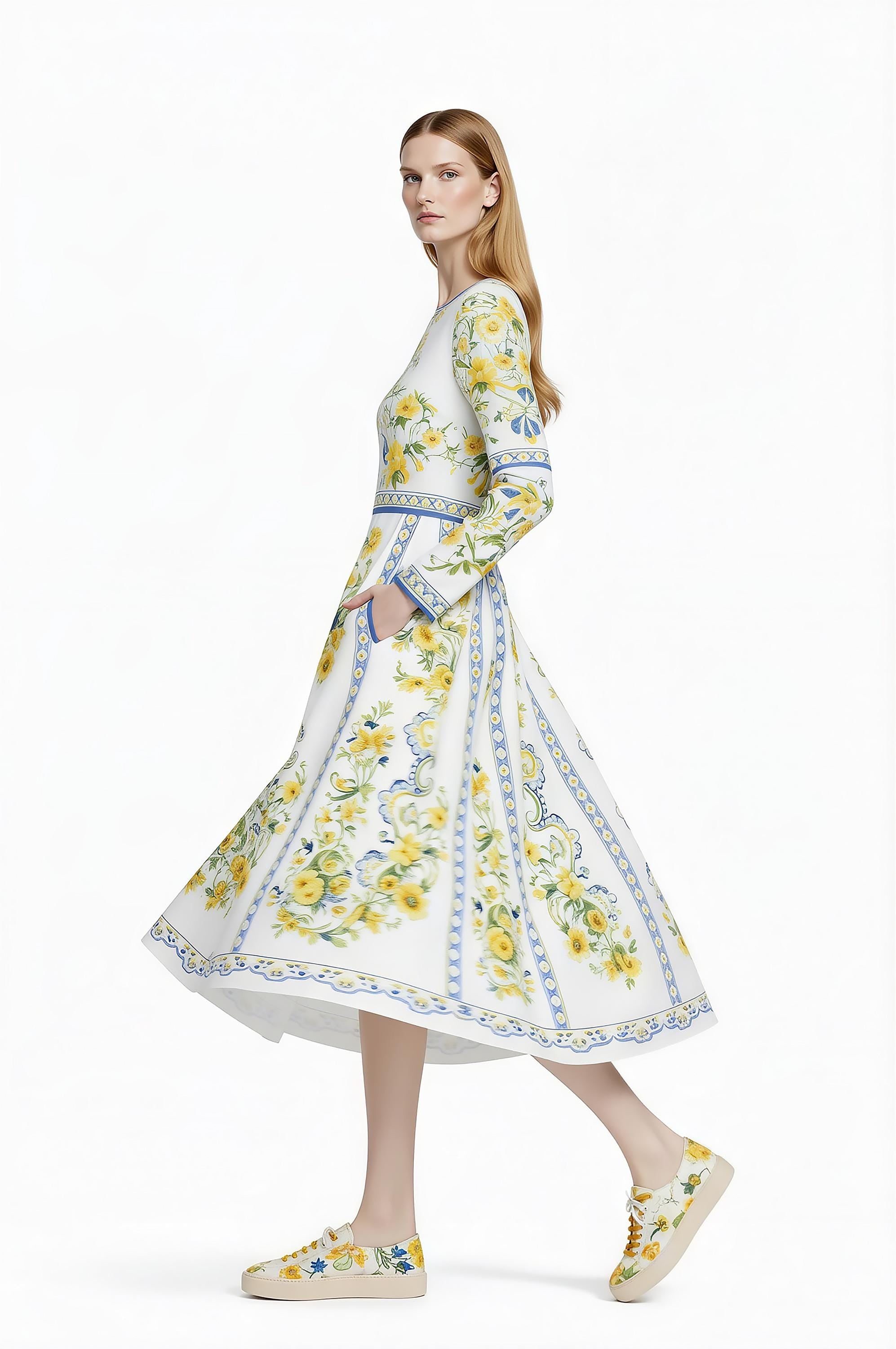 Floral Midi Dress, Long Sleeve, Romantic Folk Print, Boutique Style __etsy:7895748530