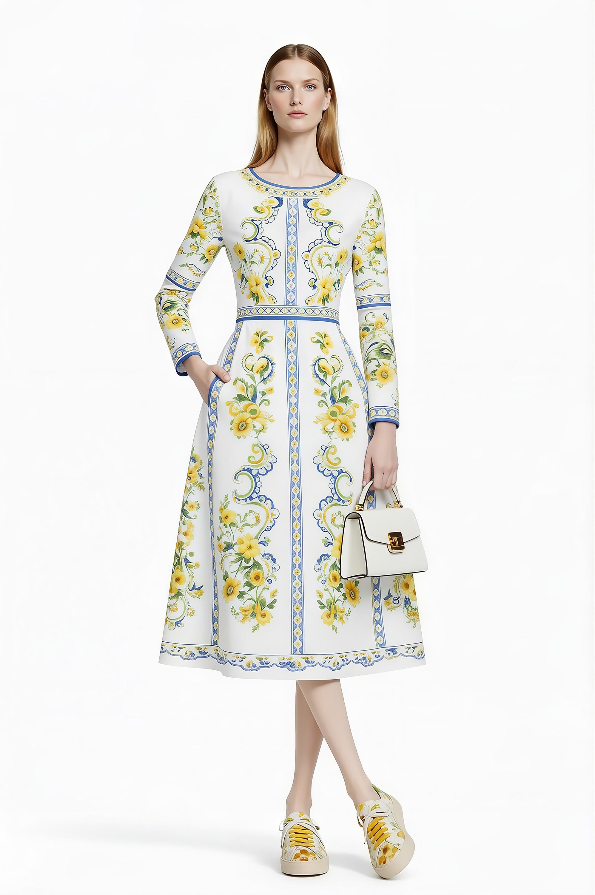 Floral Midi Dress, Long Sleeve, Romantic Folk Print, Boutique Style __etsy:7895750400