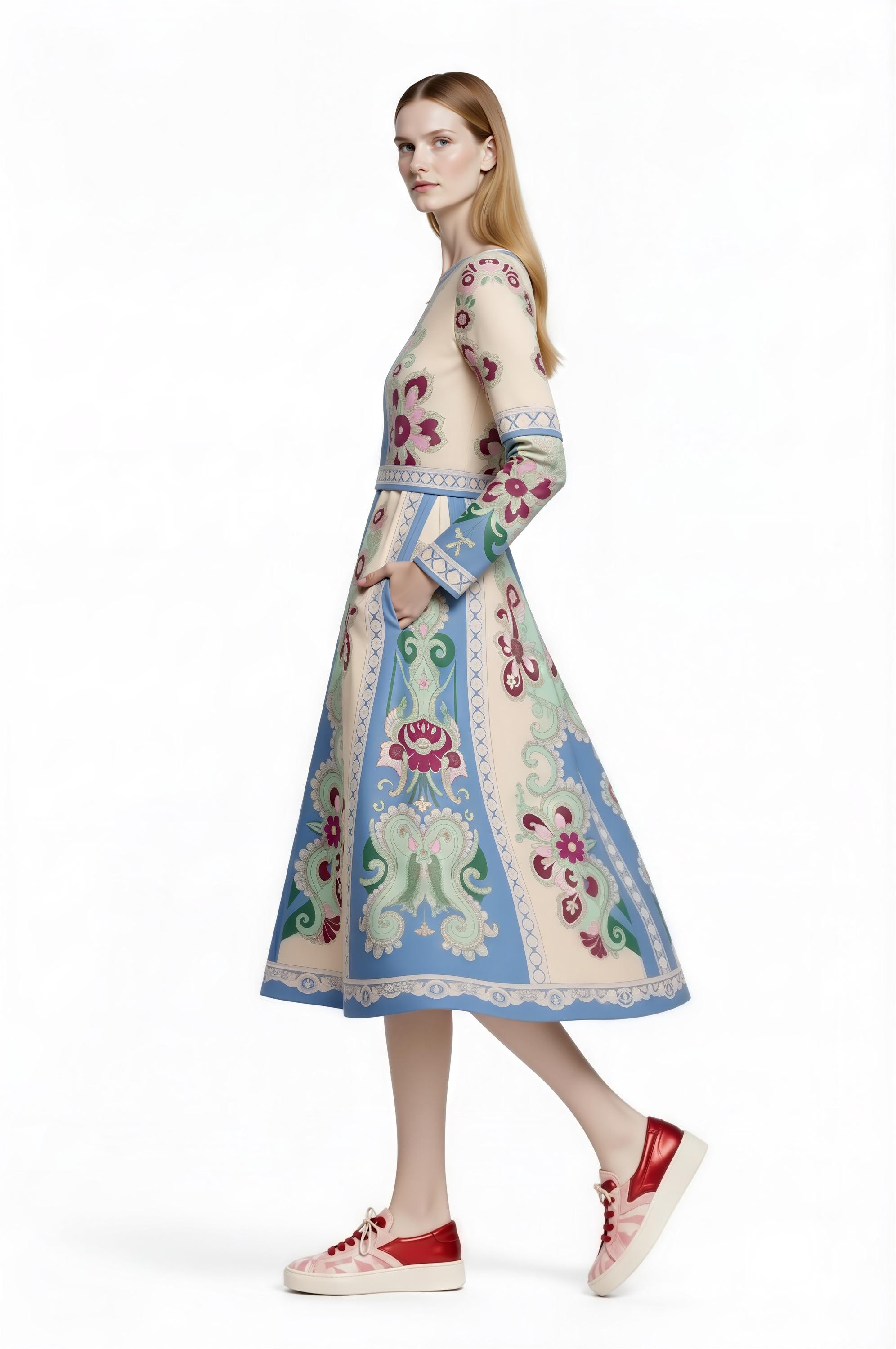 Long Sleeve Floral Midi Dress, Romantic Folk Print, Boutique Style, Spring Outfit __etsy:7895829906