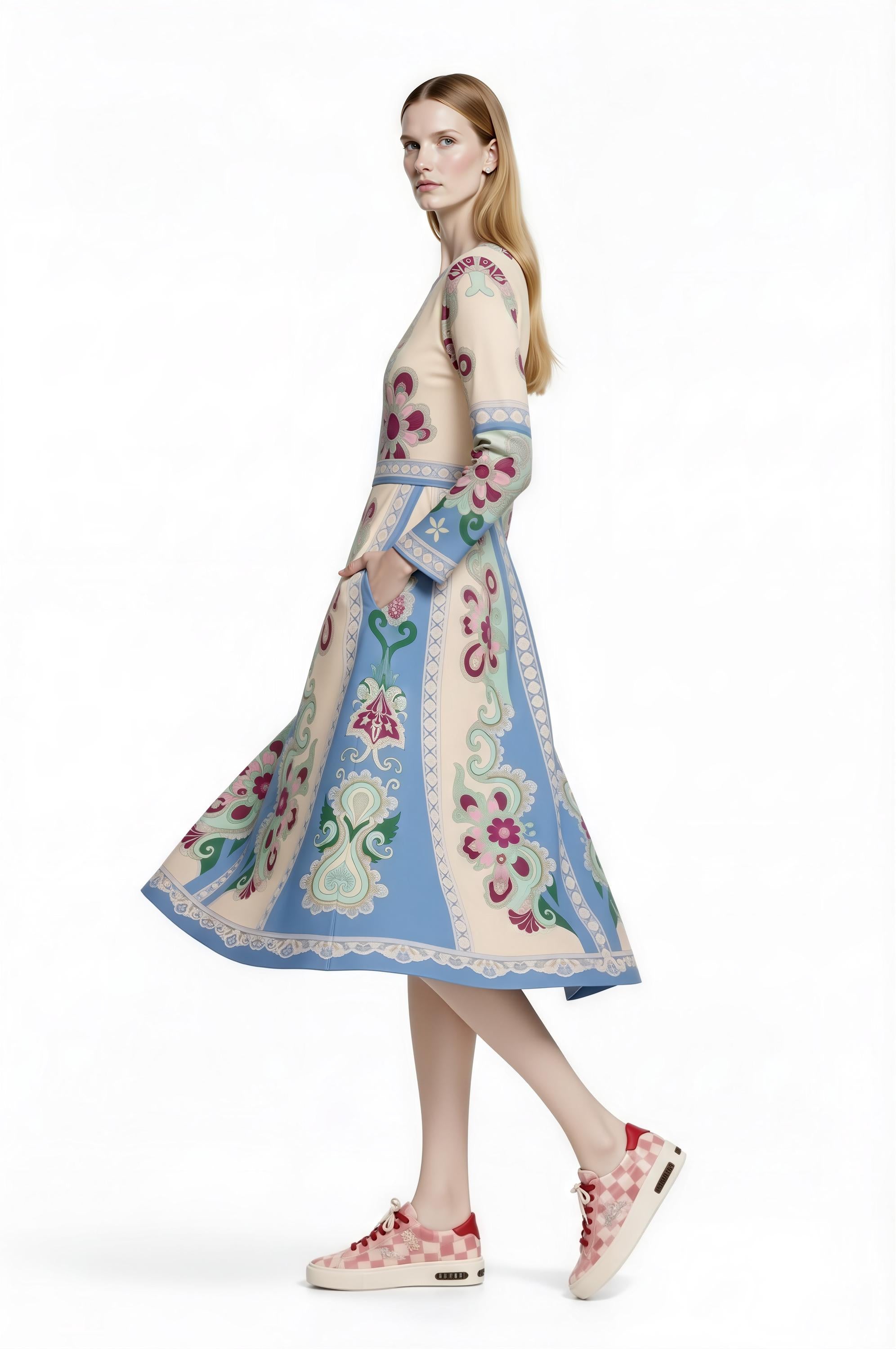 Long Sleeve Floral Midi Dress, Romantic Folk Print, Boutique Style, Spring Outfit __etsy:7895829912