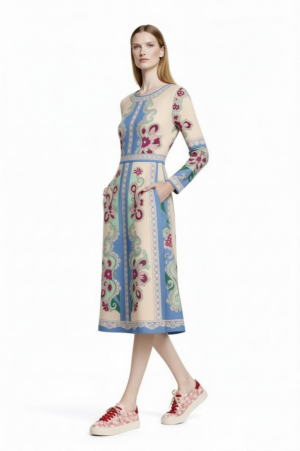 Long Sleeve Floral Midi Dress, Romantic Folk Print, Boutique Style, Spring Outfit __etsy:7895829928