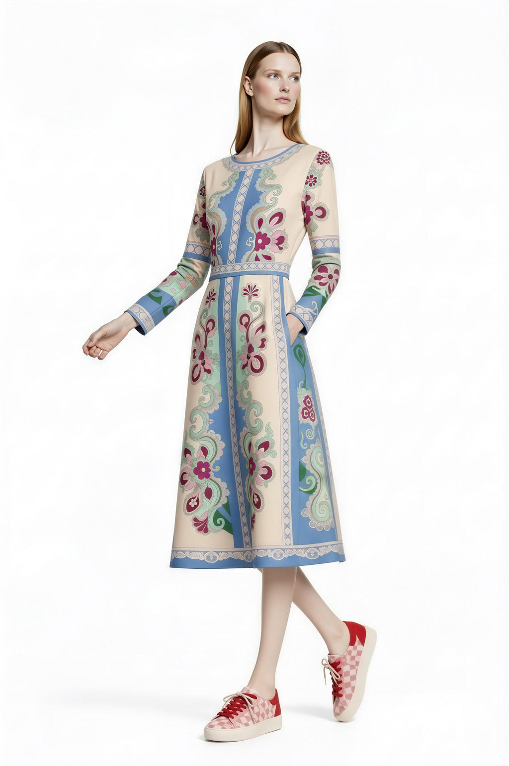 Long Sleeve Floral Midi Dress, Romantic Folk Print, Boutique Style, Spring Outfit __etsy:7895829932