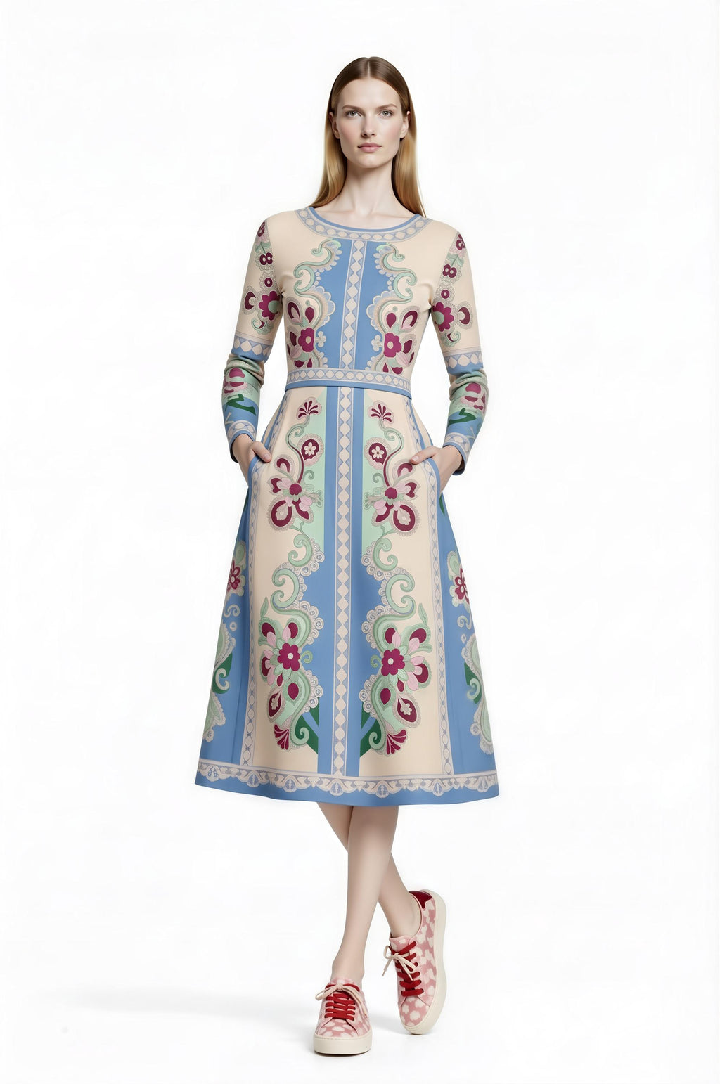 Long Sleeve Floral Midi Dress, Romantic Folk Print, Boutique Style, Spring Outfit __etsy:7895836556