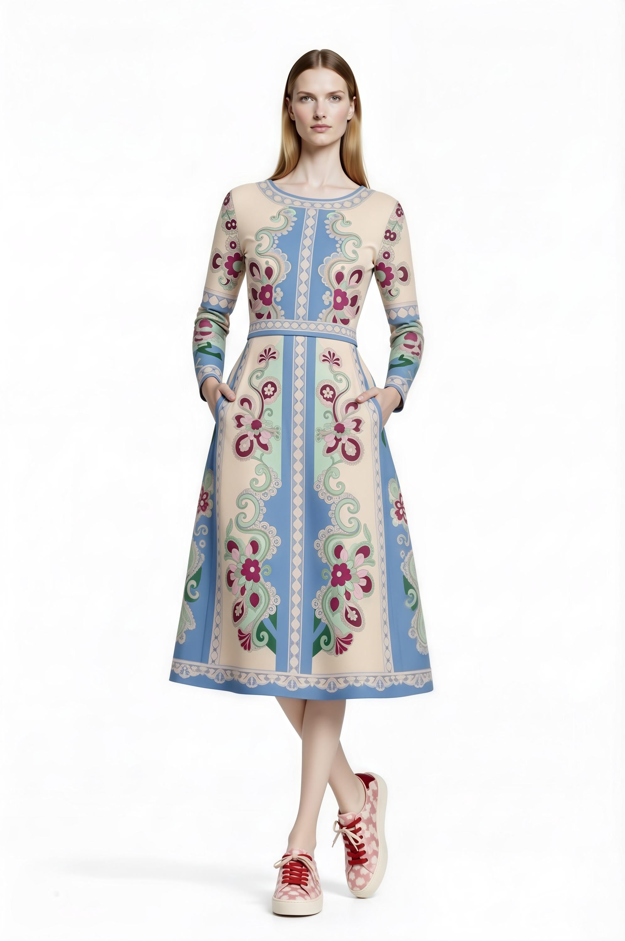 Long Sleeve Floral Midi Dress, Romantic Folk Print, Boutique Style, Spring Outfit __etsy:7895836556