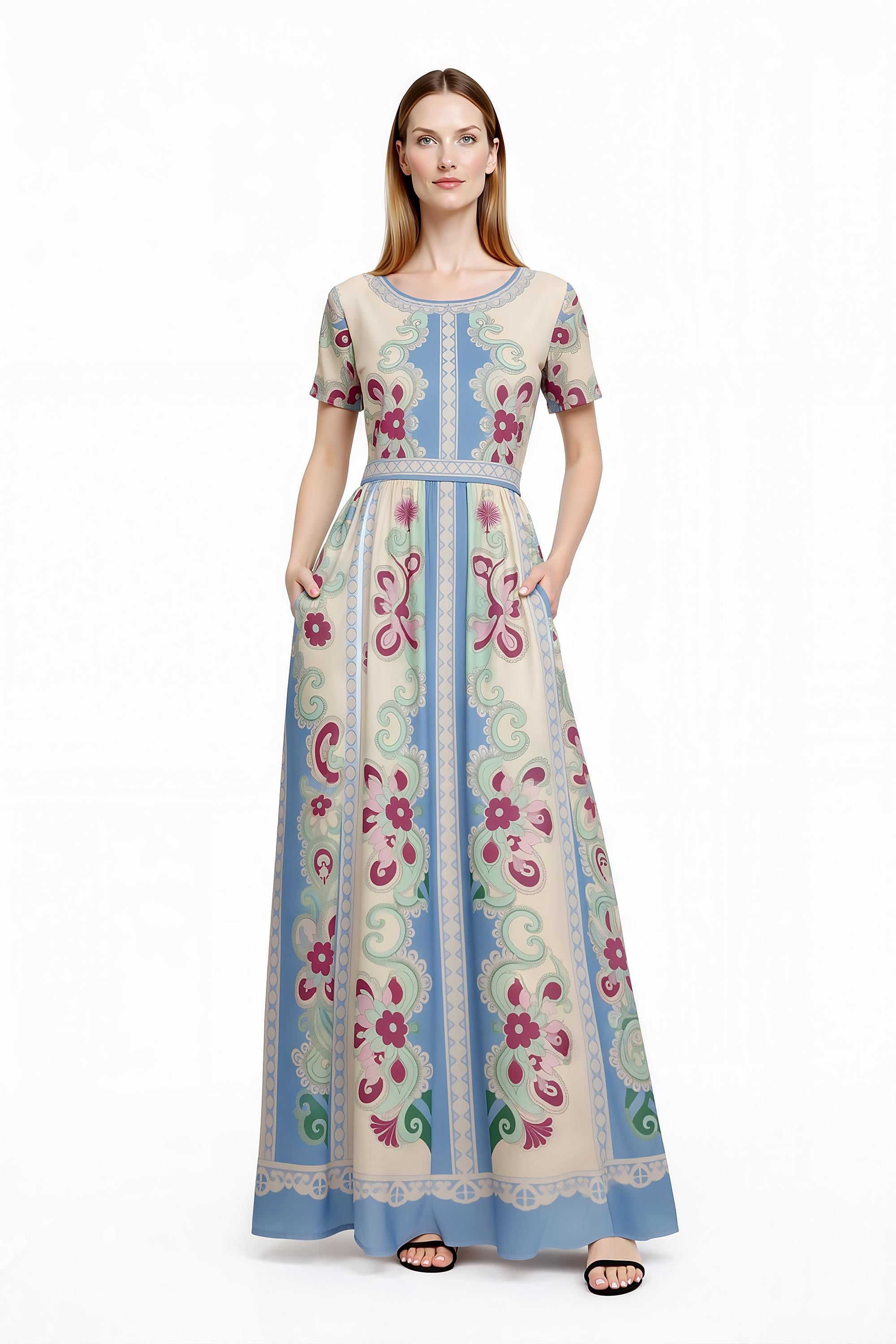 Floral Maxi Dress, Romantic Folk Print, Short Sleeve, Feminine Boutique Style __etsy:7896307718