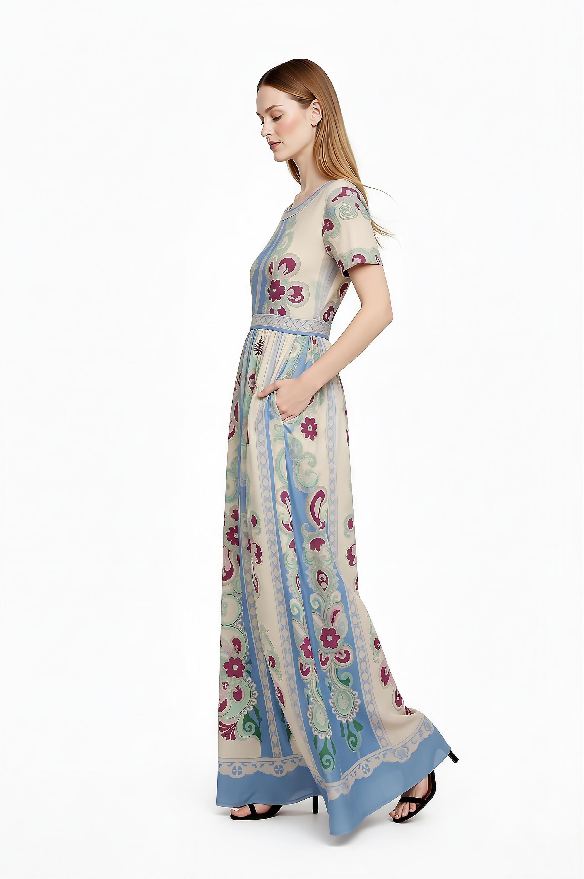 Floral Maxi Dress, Romantic Folk Print, Short Sleeve, Feminine Boutique Style __etsy:7896307732