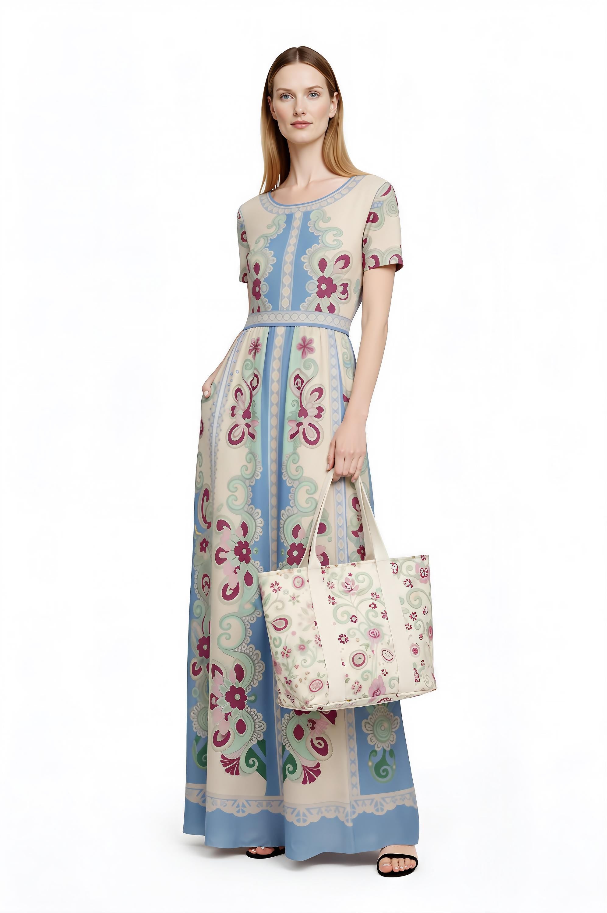 Floral Maxi Dress, Romantic Folk Print, Short Sleeve, Feminine Boutique Style __etsy:7896307798