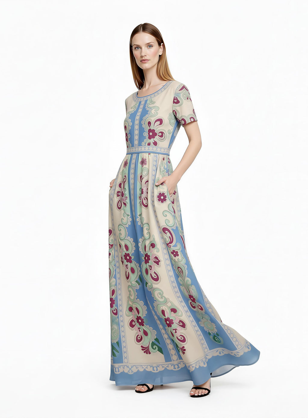 Floral Maxi Dress, Romantic Folk Print, Short Sleeve, Feminine Boutique Style __etsy:7896336960