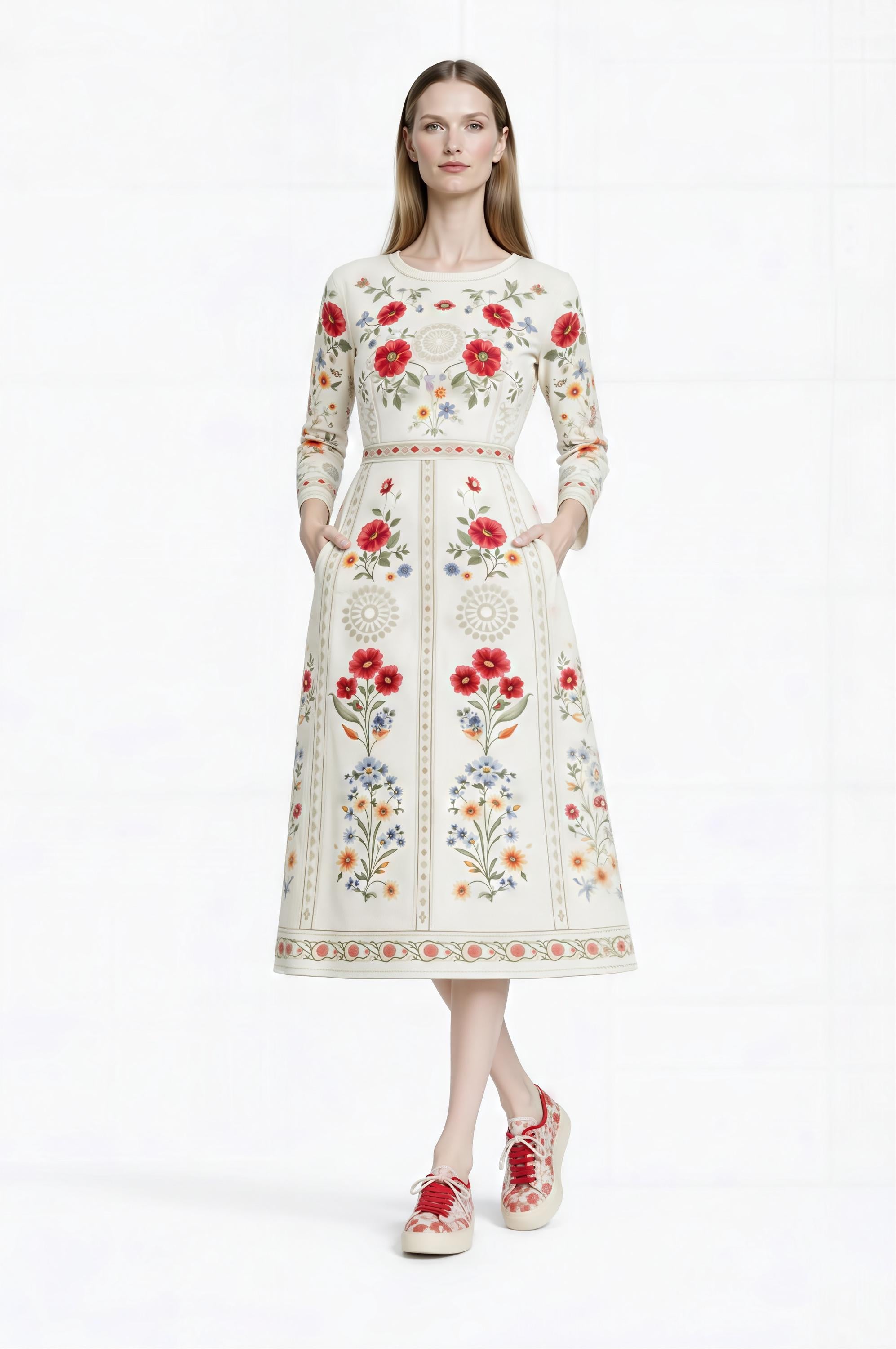 Ivory Red Floral Midi Dress: Vintage European Garden Party Style __etsy:7898645253