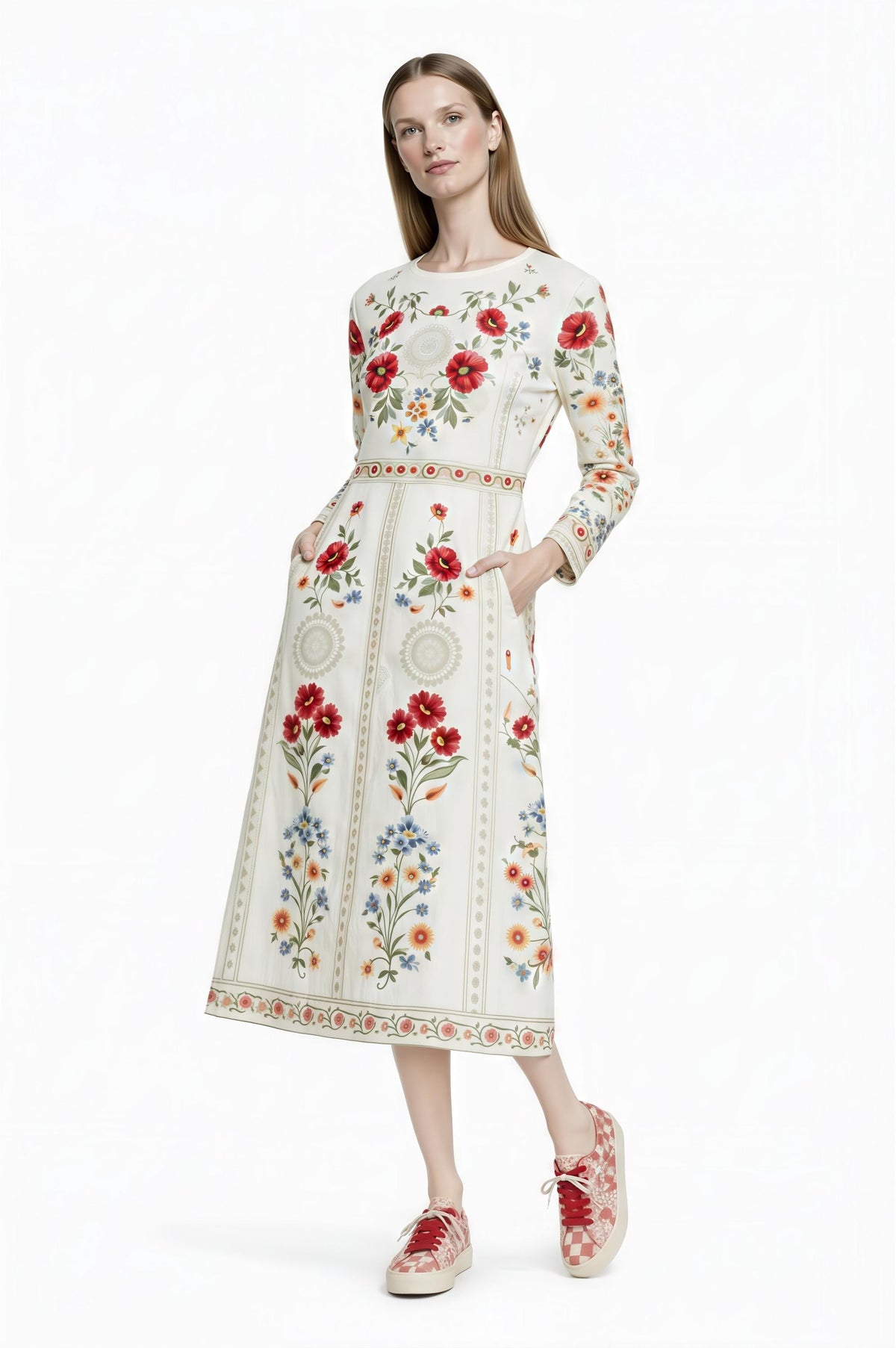 Ivory Red Floral Midi Dress: Vintage European Garden Party Style __etsy:7898645379
