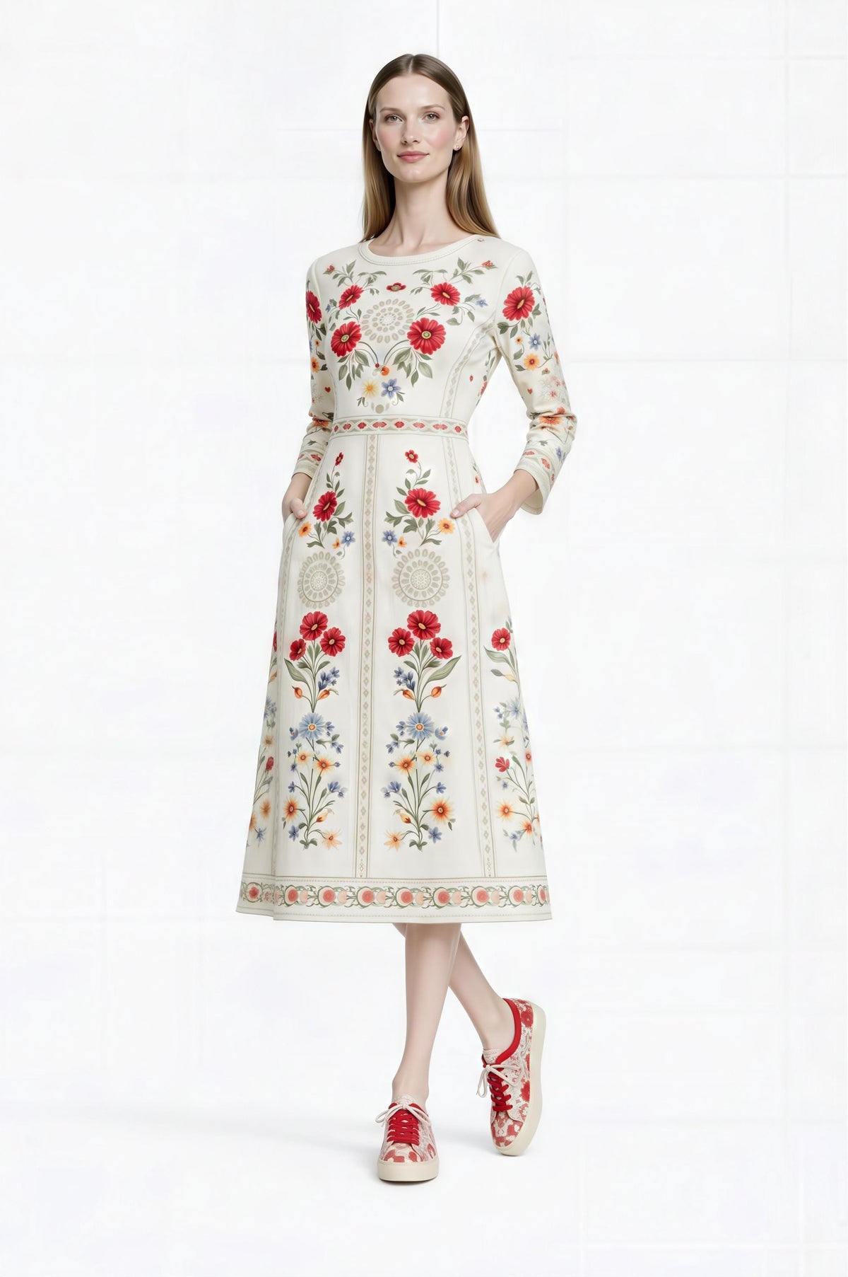 Ivory Red Floral Midi Dress: Vintage European Garden Party Style __etsy:7898645577
