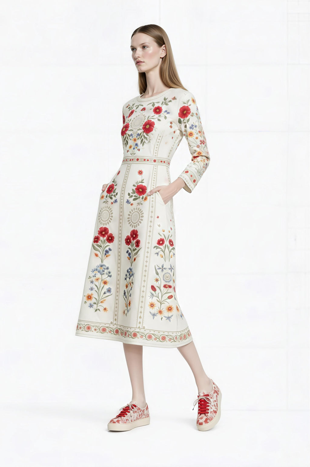Ivory Red Floral Midi Dress: Vintage European Garden Party Style __etsy:7898647613