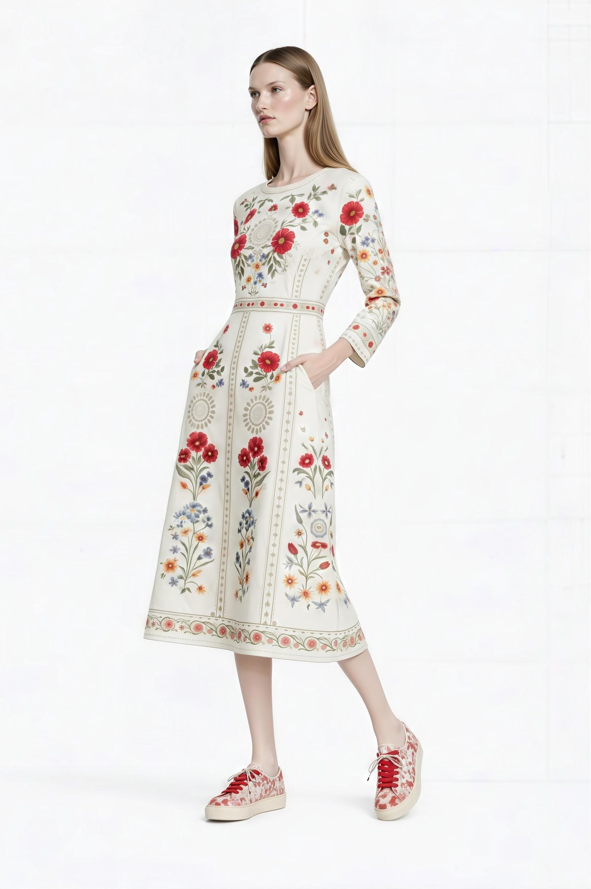 Ivory Red Floral Midi Dress: Vintage European Garden Party Style __etsy:7898647613