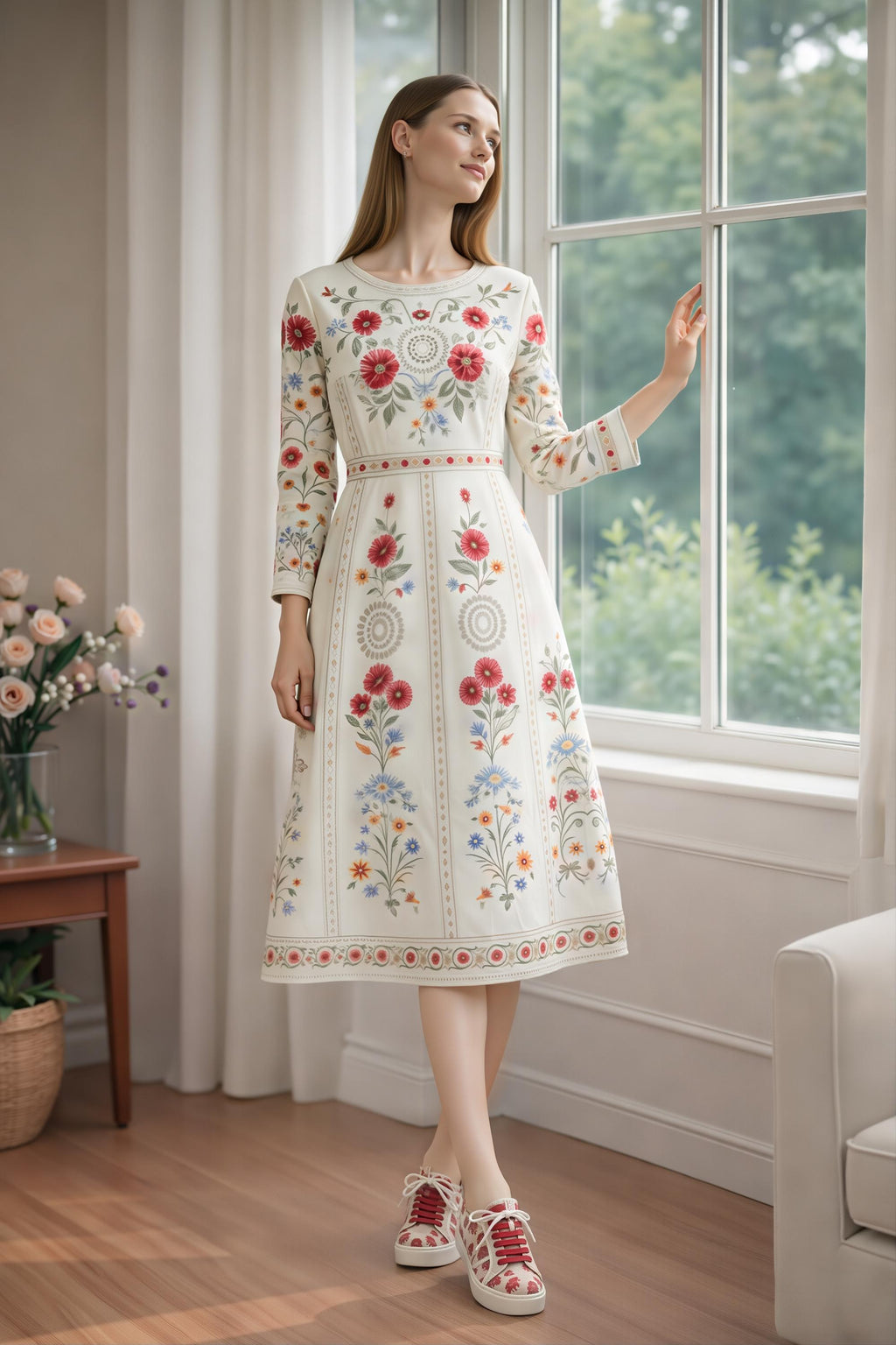 Ivory Red Floral Midi Dress: Vintage European Garden Party Style __etsy:7898651757