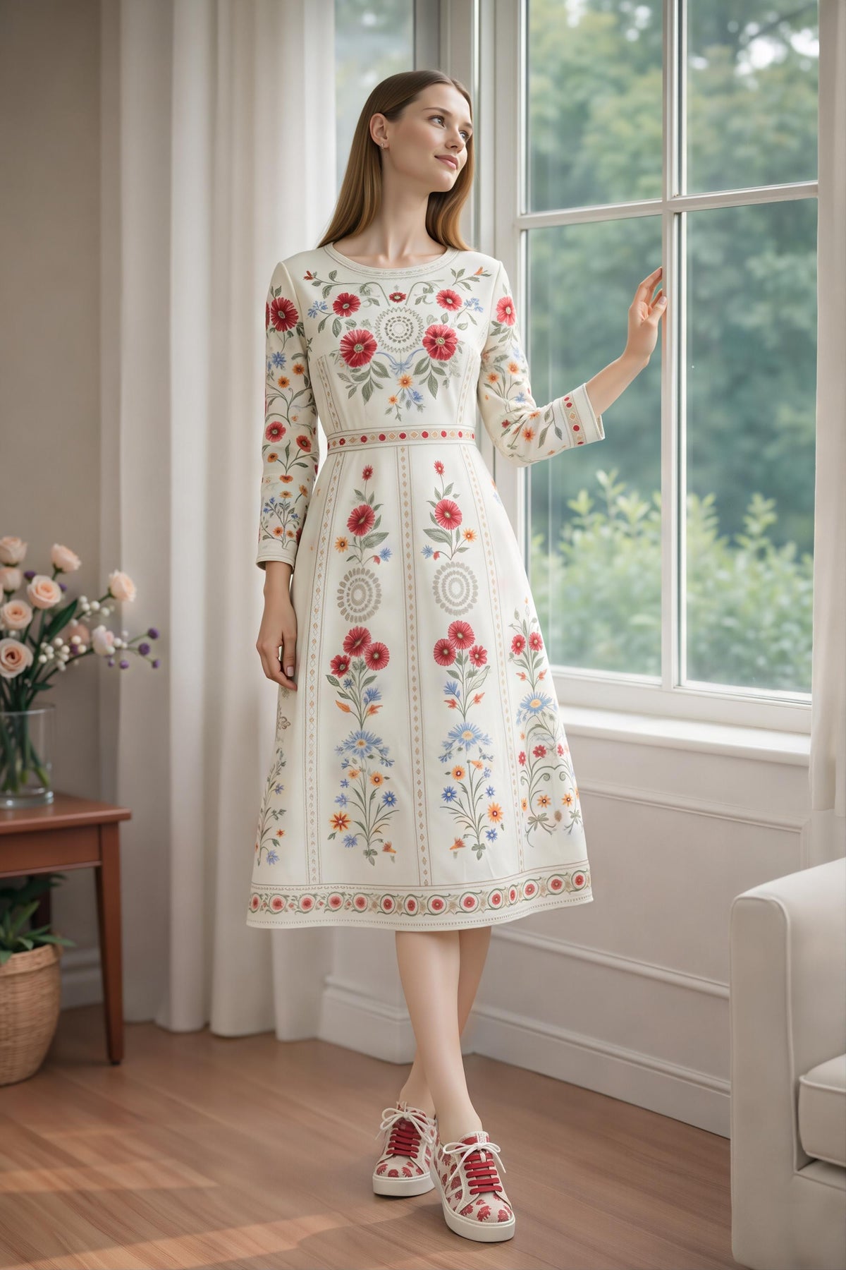 Ivory Red Floral Midi Dress: Vintage European Garden Party Style __etsy:7898651757