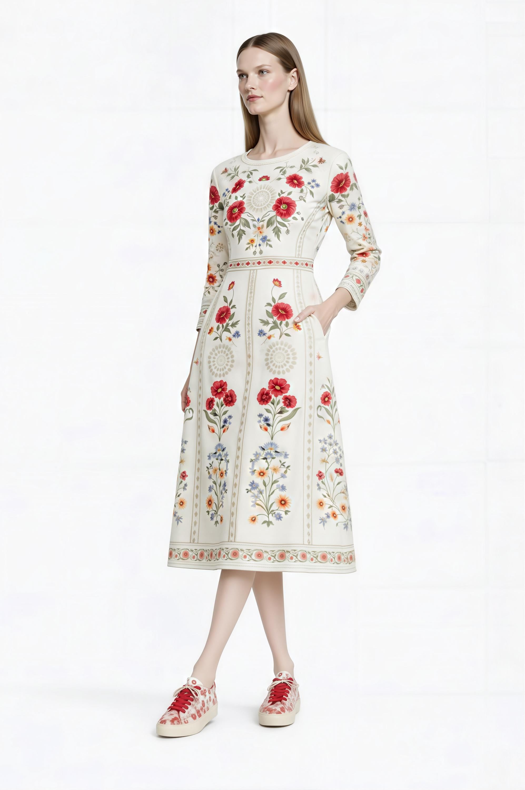 Ivory Red Floral Midi Dress: Vintage European Garden Party Style __etsy:7898654973