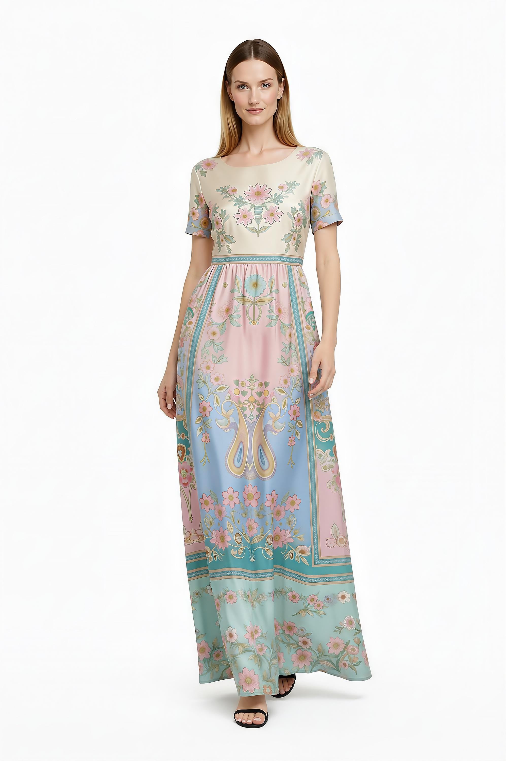 Pink Floral Maxi Dress, Romantic Folk Print, Boho Cottagecore Style, Short Sleeve Women's Outfit __etsy:7899081774