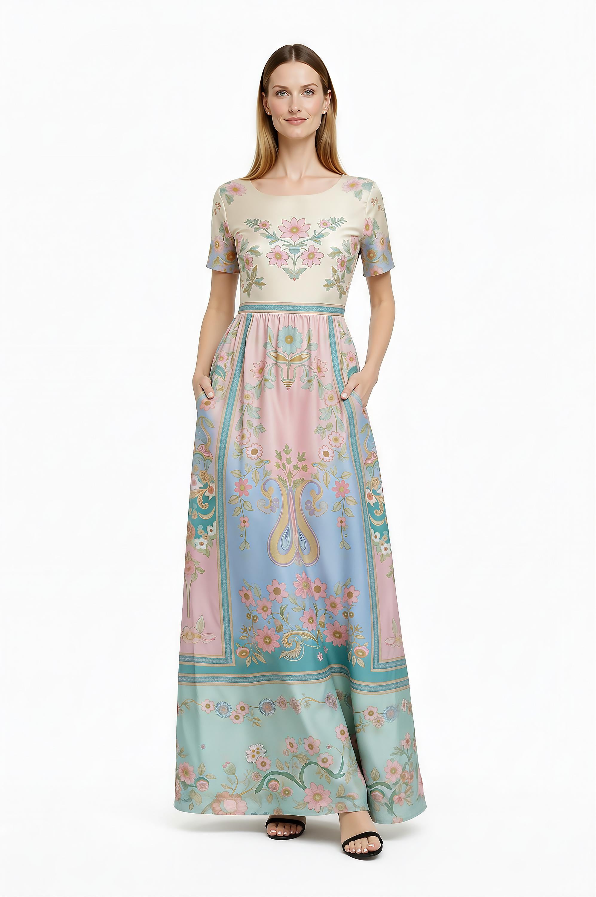 Pink Floral Maxi Dress, Romantic Folk Print, Boho Cottagecore Style, Short Sleeve Women's Outfit __etsy:7899081784
