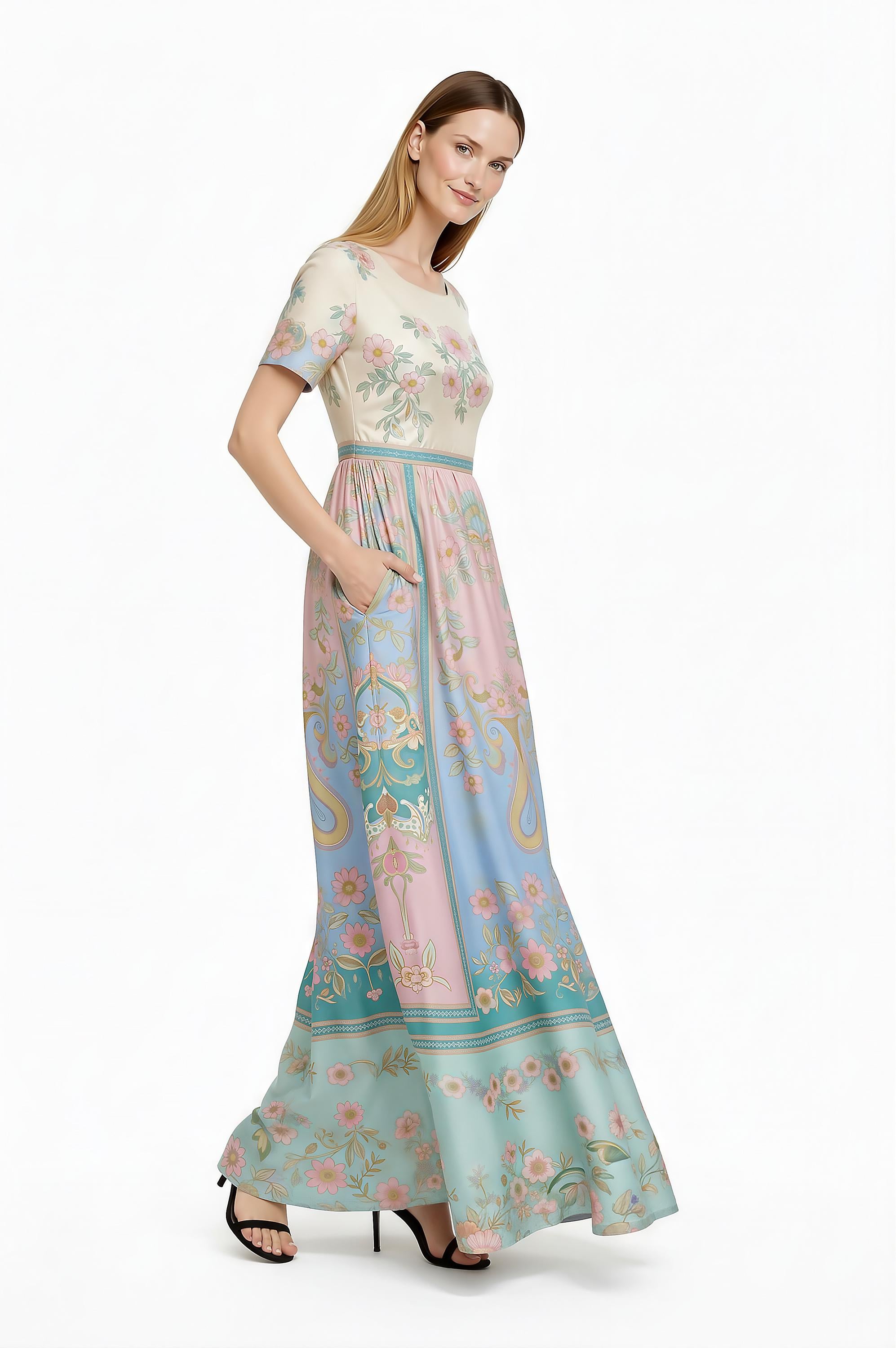 Pink Floral Maxi Dress, Romantic Folk Print, Boho Cottagecore Style, Short Sleeve Women's Outfit __etsy:7899081834