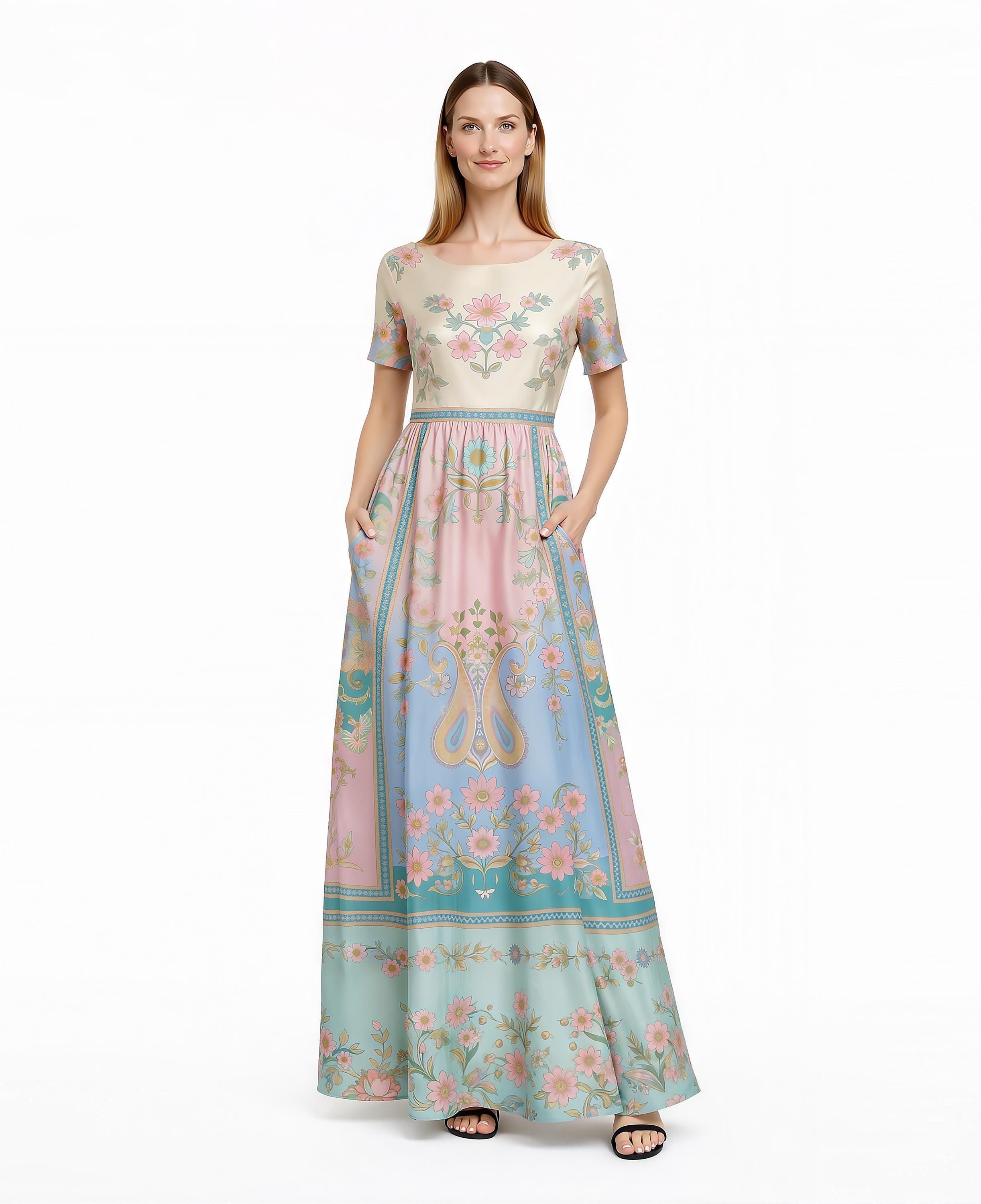 Pink Floral Maxi Dress, Romantic Folk Print, Boho Cottagecore Style, Short Sleeve Women's Outfit __etsy:7899085320