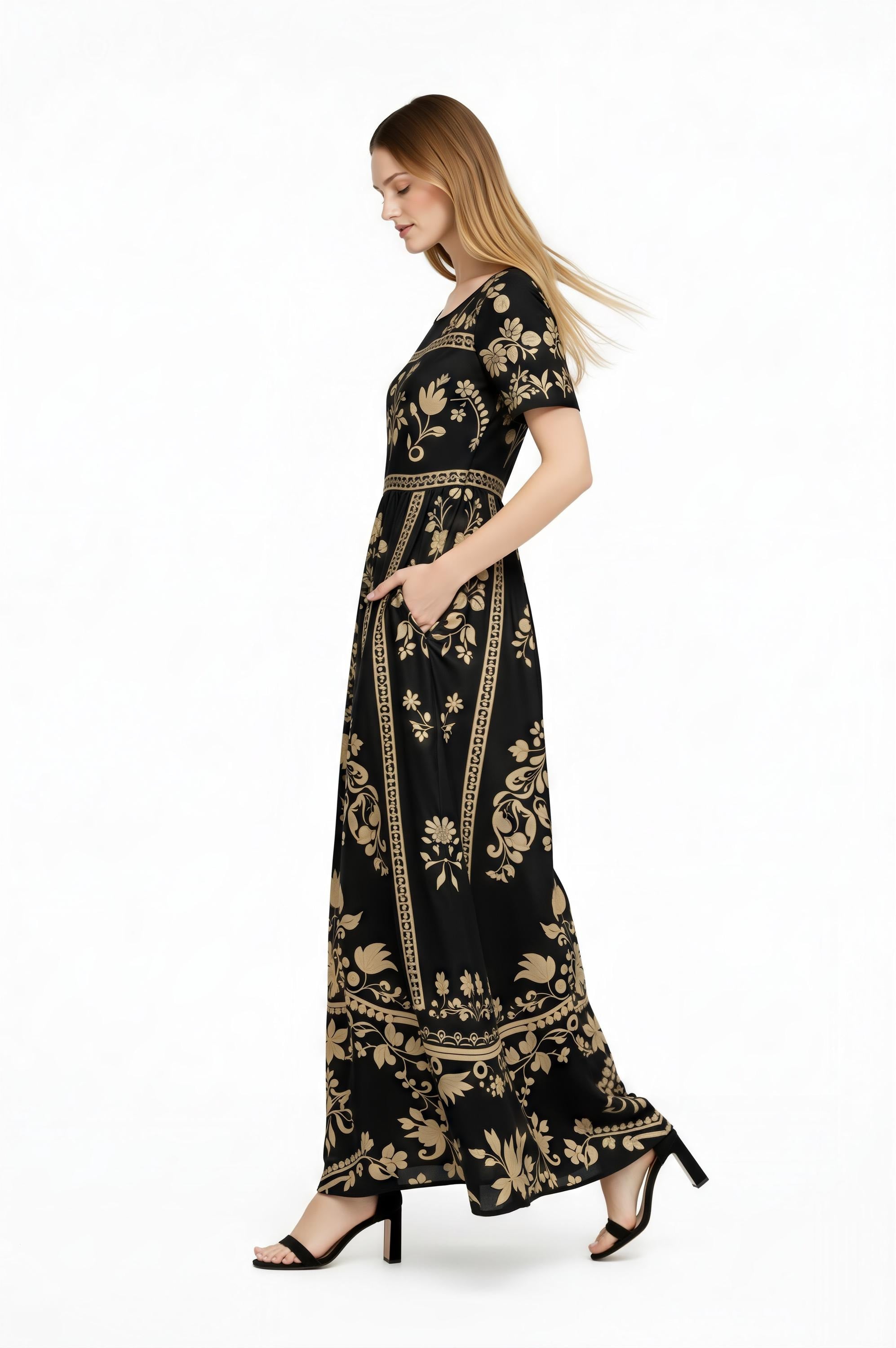 Black Floral Maxi Dress, Short Sleeve Boho Cottagecore Outfit __etsy:7899148184