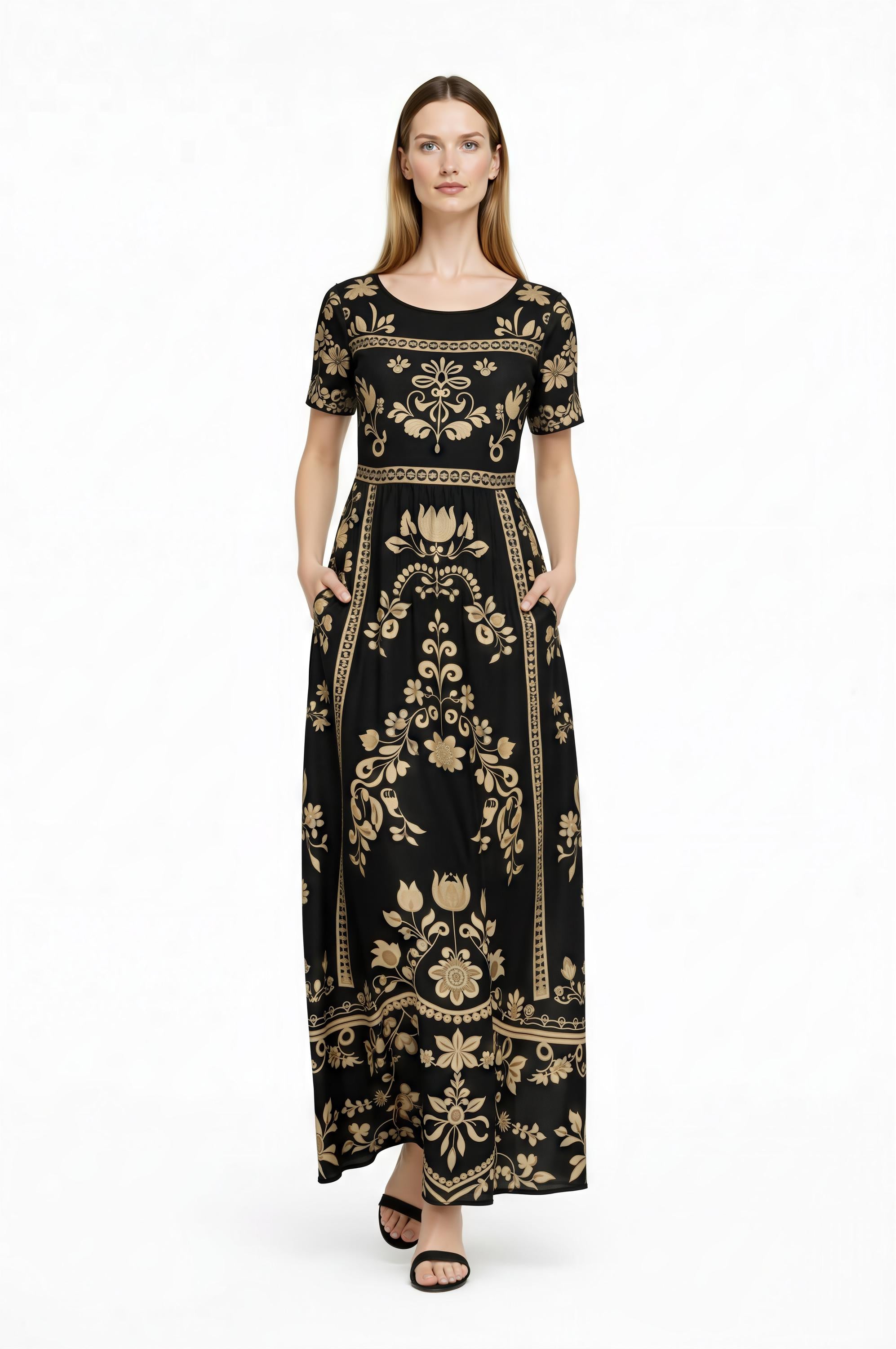 Black Floral Maxi Dress, Short Sleeve Boho Cottagecore Outfit __etsy:7899148192