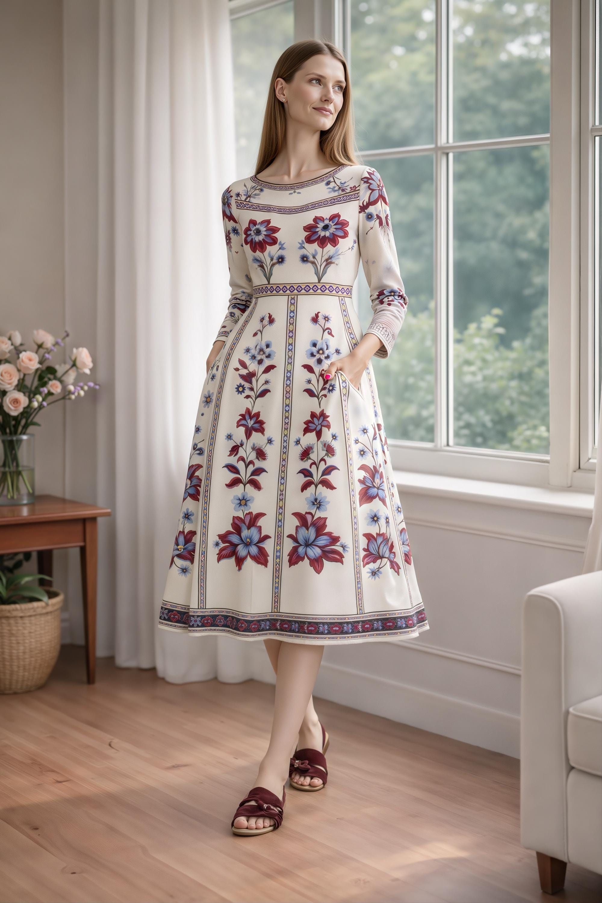 Blue Floral Midi Dress, Long Sleeve, Boho Border Print, Elegant Wedding Guest __etsy:7912689905