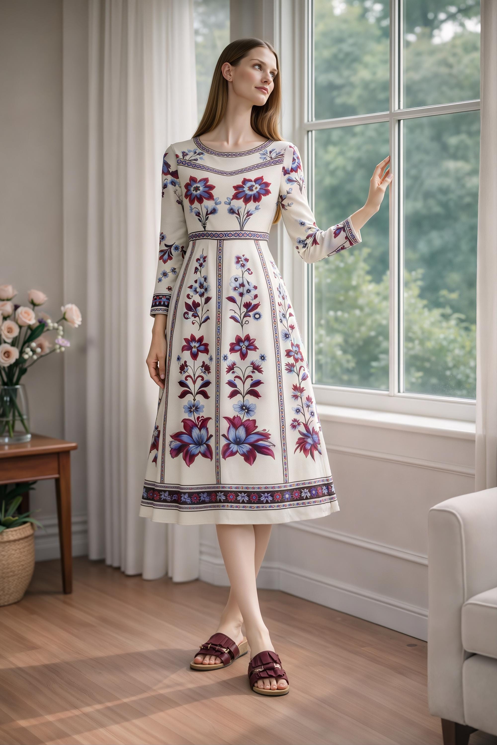 Blue Floral Midi Dress, Long Sleeve, Boho Border Print, Elegant Wedding Guest __etsy:7912689915