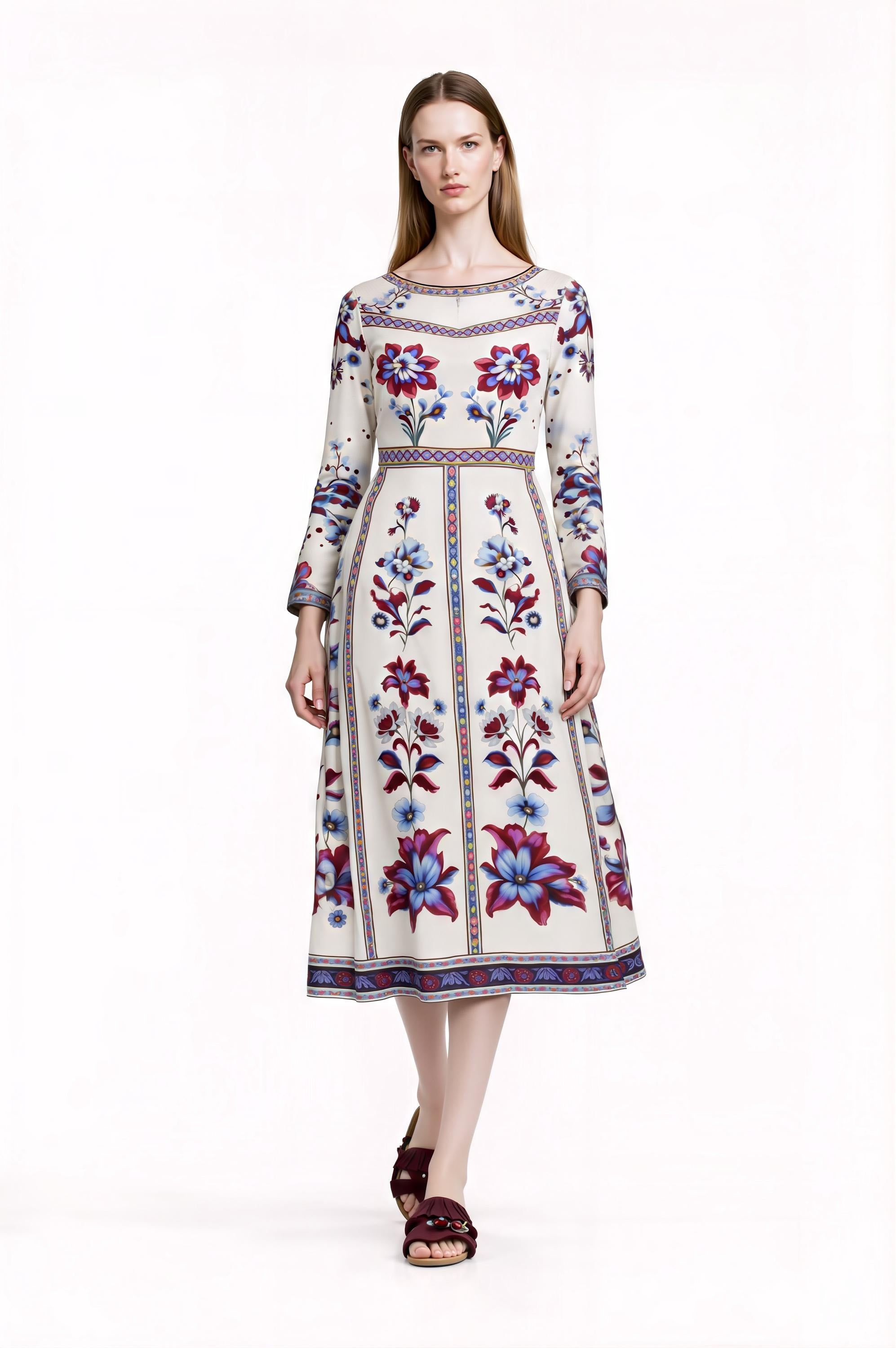 Blue Floral Midi Dress, Long Sleeve, Boho Border Print, Elegant Wedding Guest __etsy:7912689951