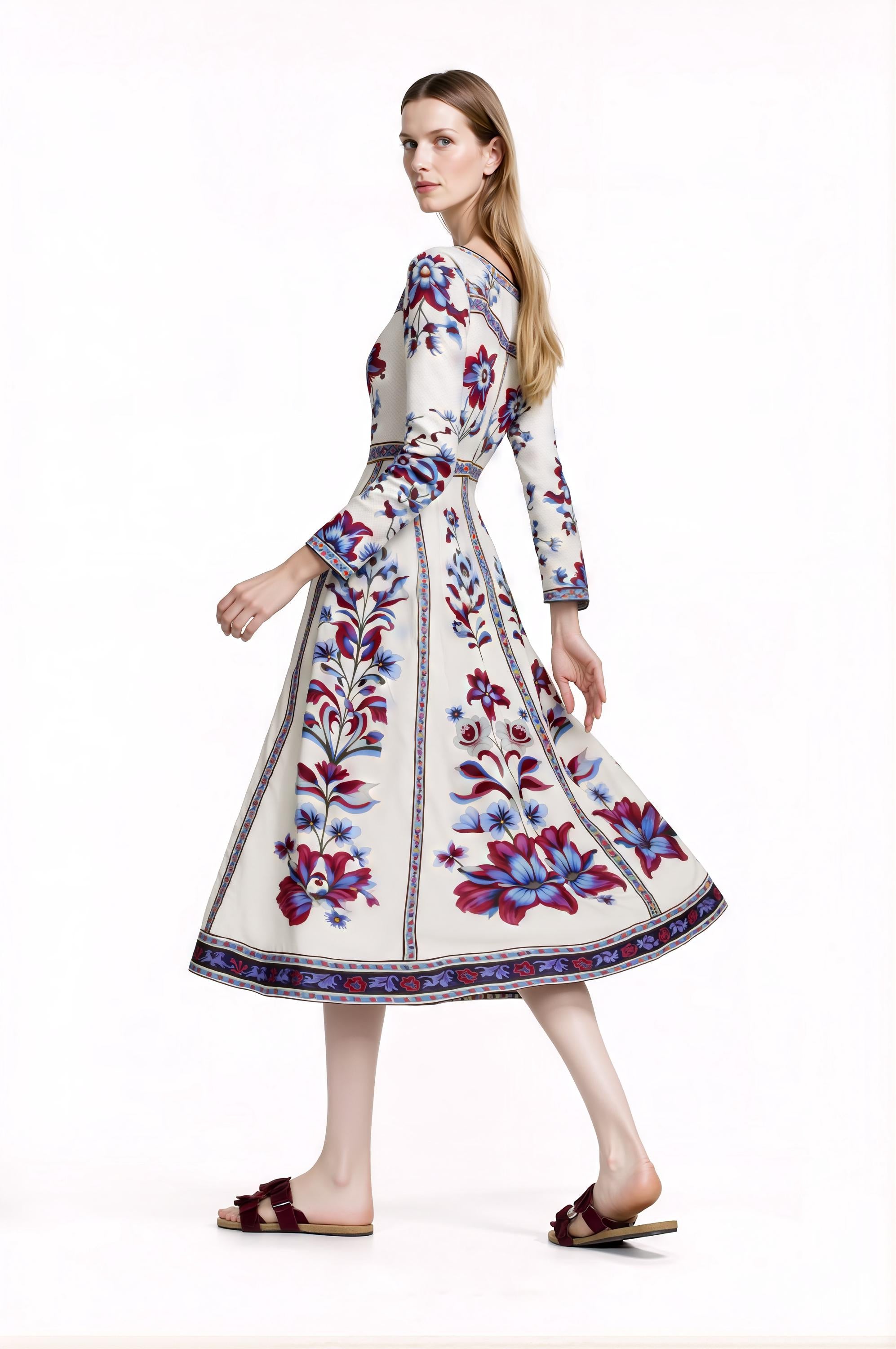 Blue Floral Midi Dress, Long Sleeve, Boho Border Print, Elegant Wedding Guest __etsy:7912706211