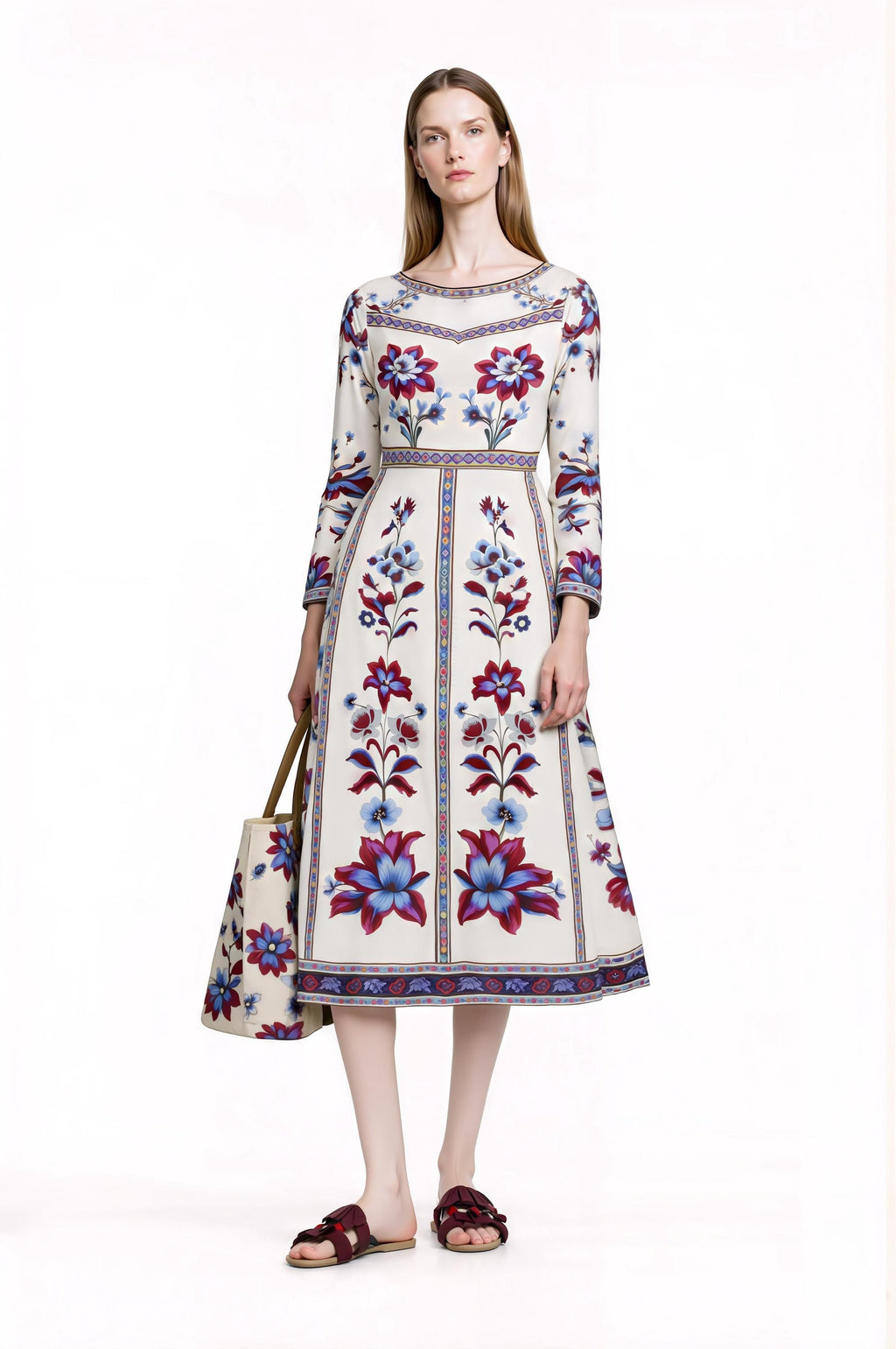 Blue Floral Midi Dress, Long Sleeve, Boho Border Print, Elegant Wedding Guest __etsy:7912905323
